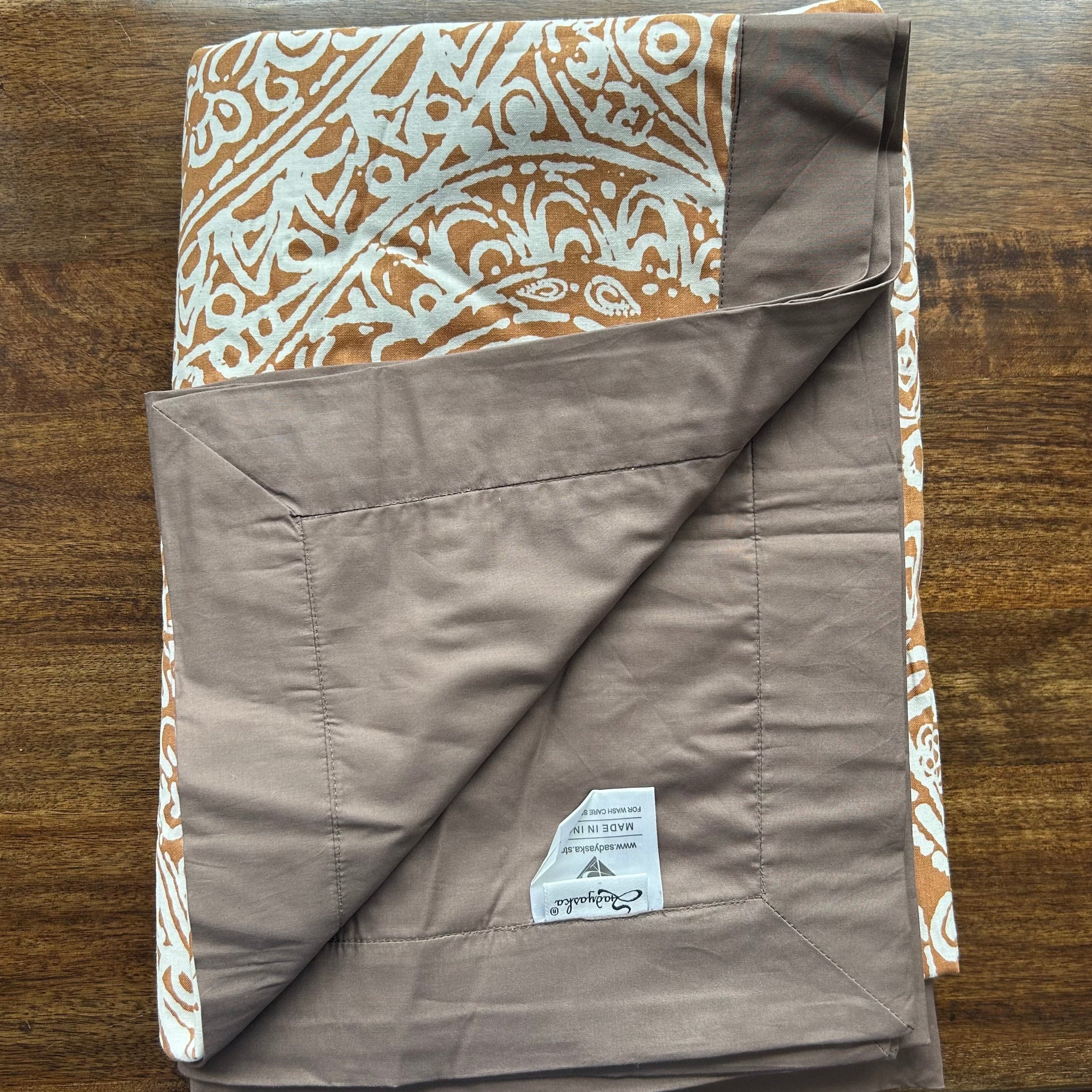 Double Bed Mustard and Taupe Printed Premium Pure Cotton Reversible Dohar