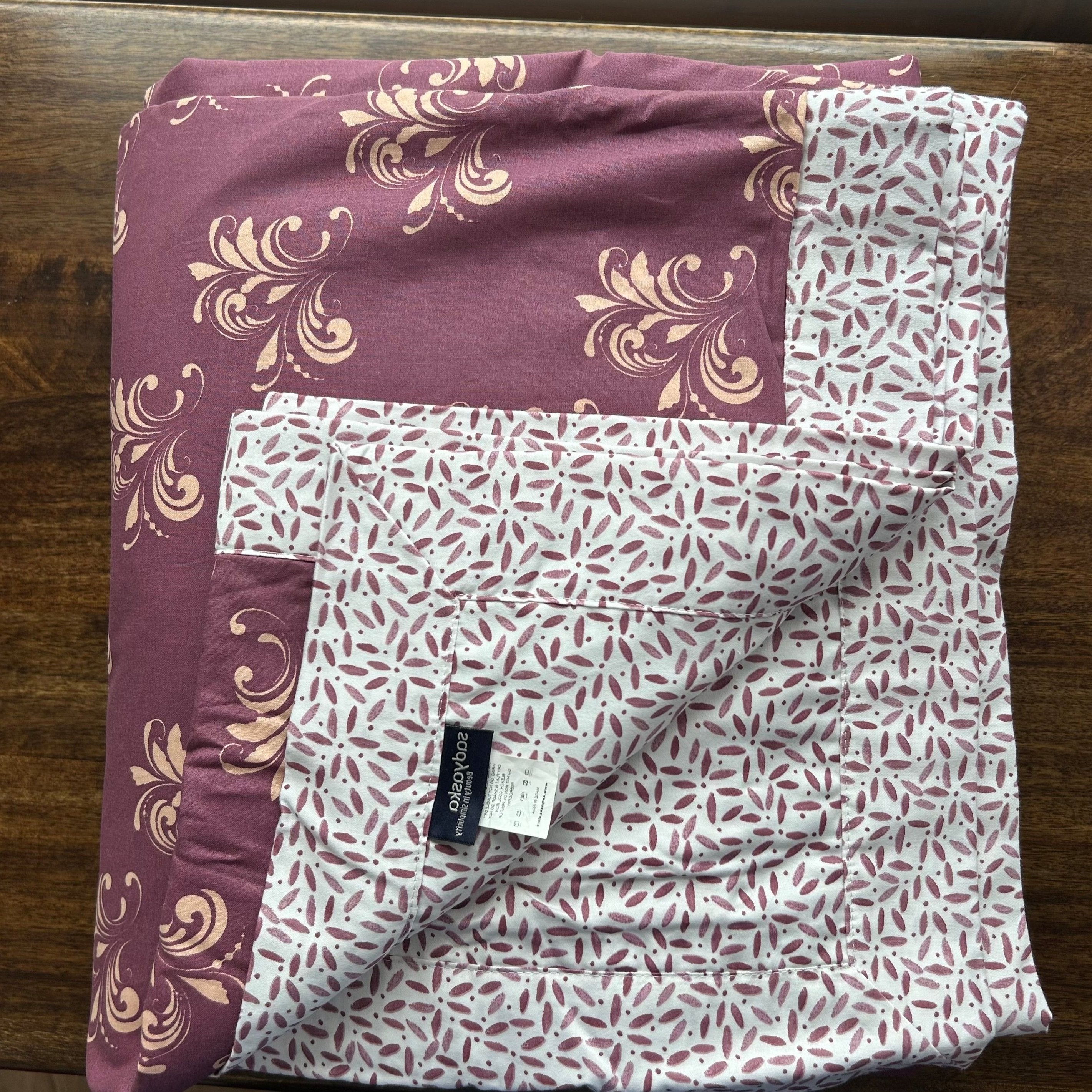 Double Bed Mauve Floral Printed Premium Pure Cotton Reversible Dohar