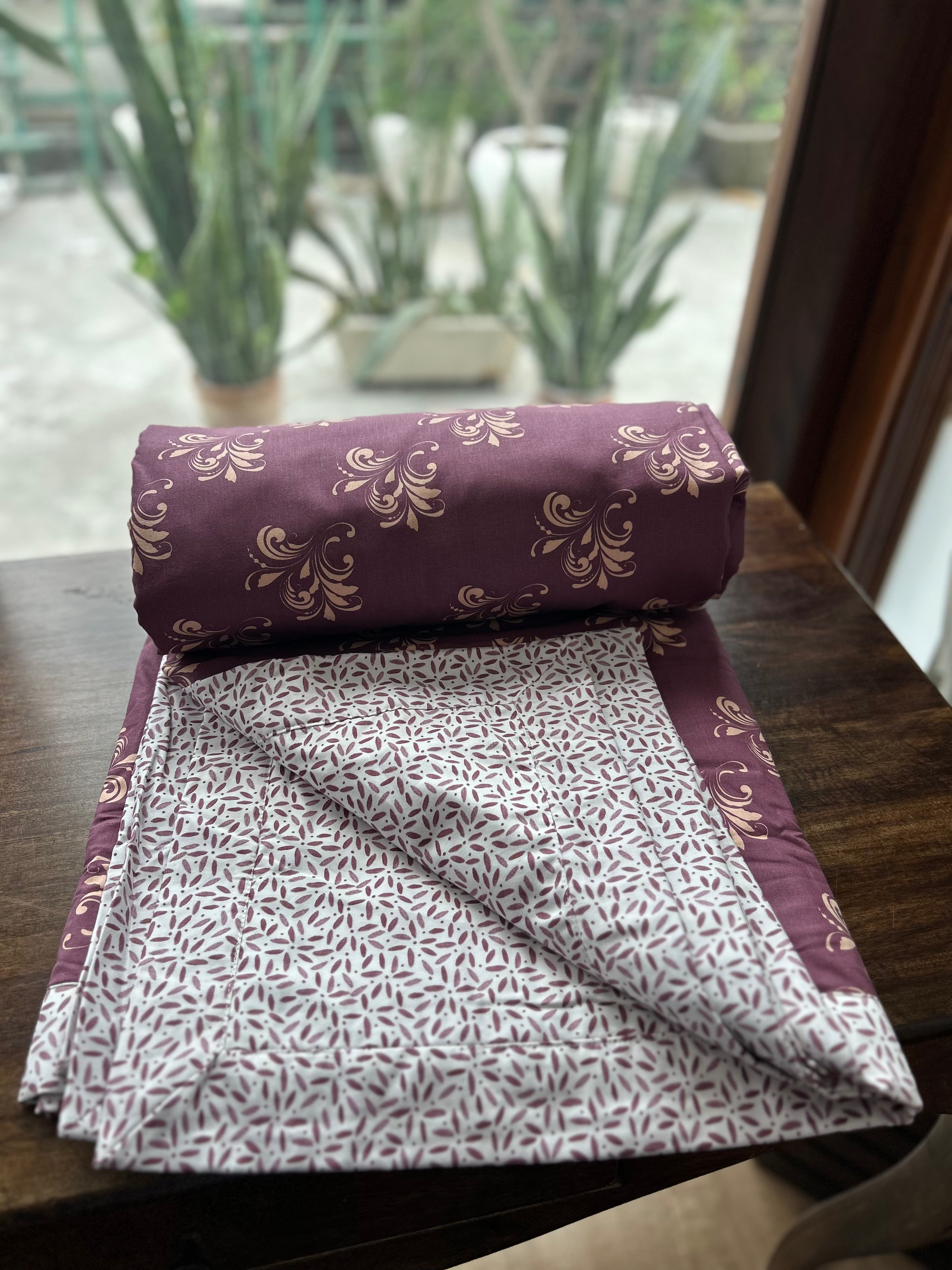 Double Bed Mauve Floral Printed Premium Pure Cotton Reversible Dohar