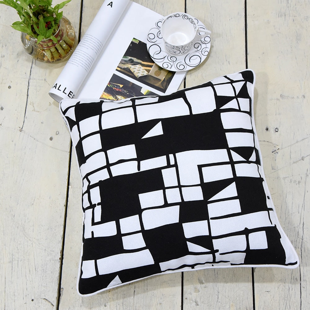 Black & White Cotton Cushion Cover 16x16 Screen Printed Geometric Cushion Pillowcase…