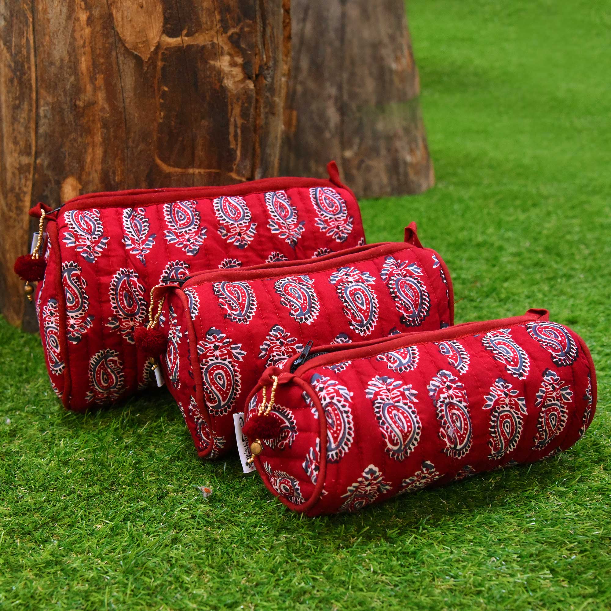 Maroon Printed Cotton Small Size Quilted Wedding Jewelry Pouch / Cosmetic / Make Up Case Multifunction Storage