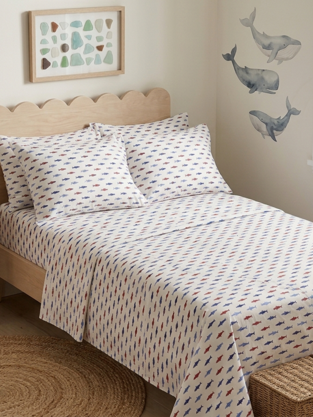 Deep Sea Ivory Printed Cotton Kids Bedsheet Set