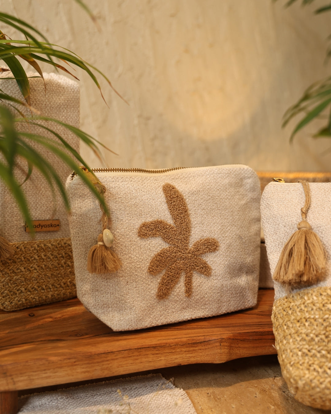 Desert Bloom Rust Beige Chambray Medium Size Embroidered Pouch / Cosmetic / Make Up Case Multifunction Storage