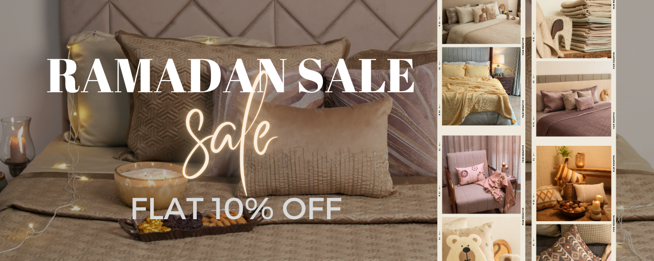Promotional banner for Ramadan sale with bedroom decor and flat 10% off text.