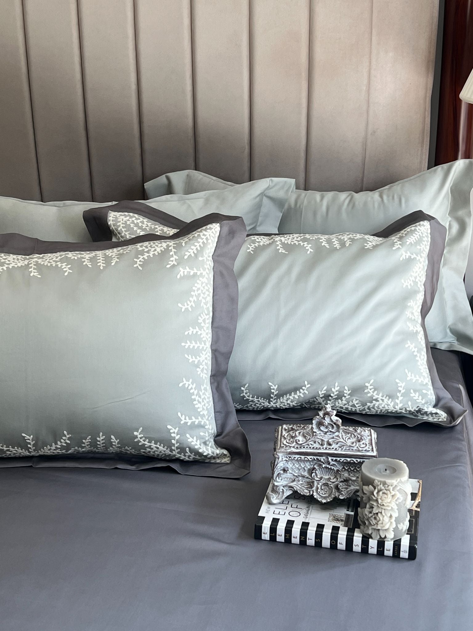 Faith Sage Green Elephant Grey Desire Cotton Bedsheet Set (5 PC Set)