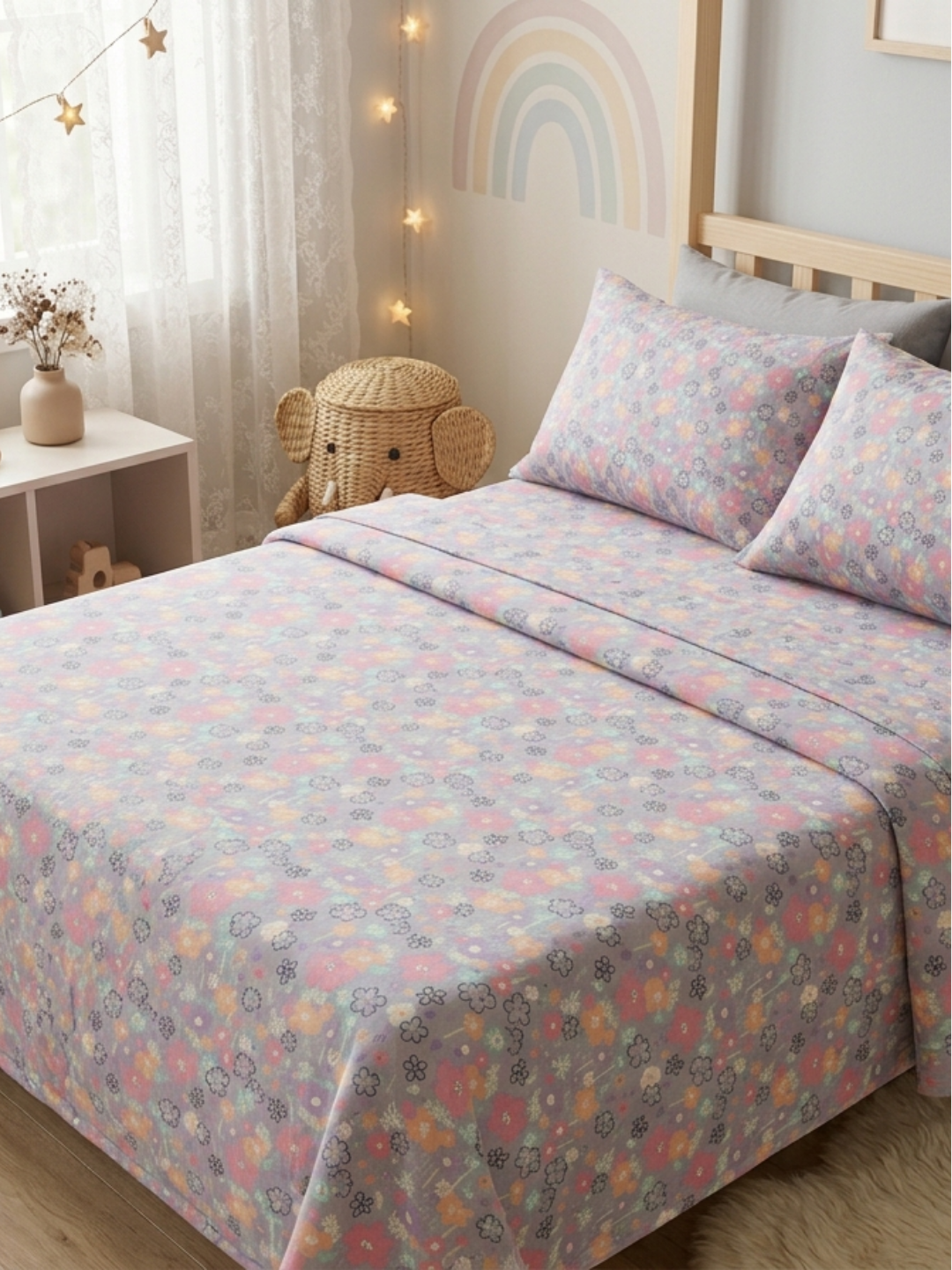 Floral Pop Lilac Printed Cotton Bedsheet Set