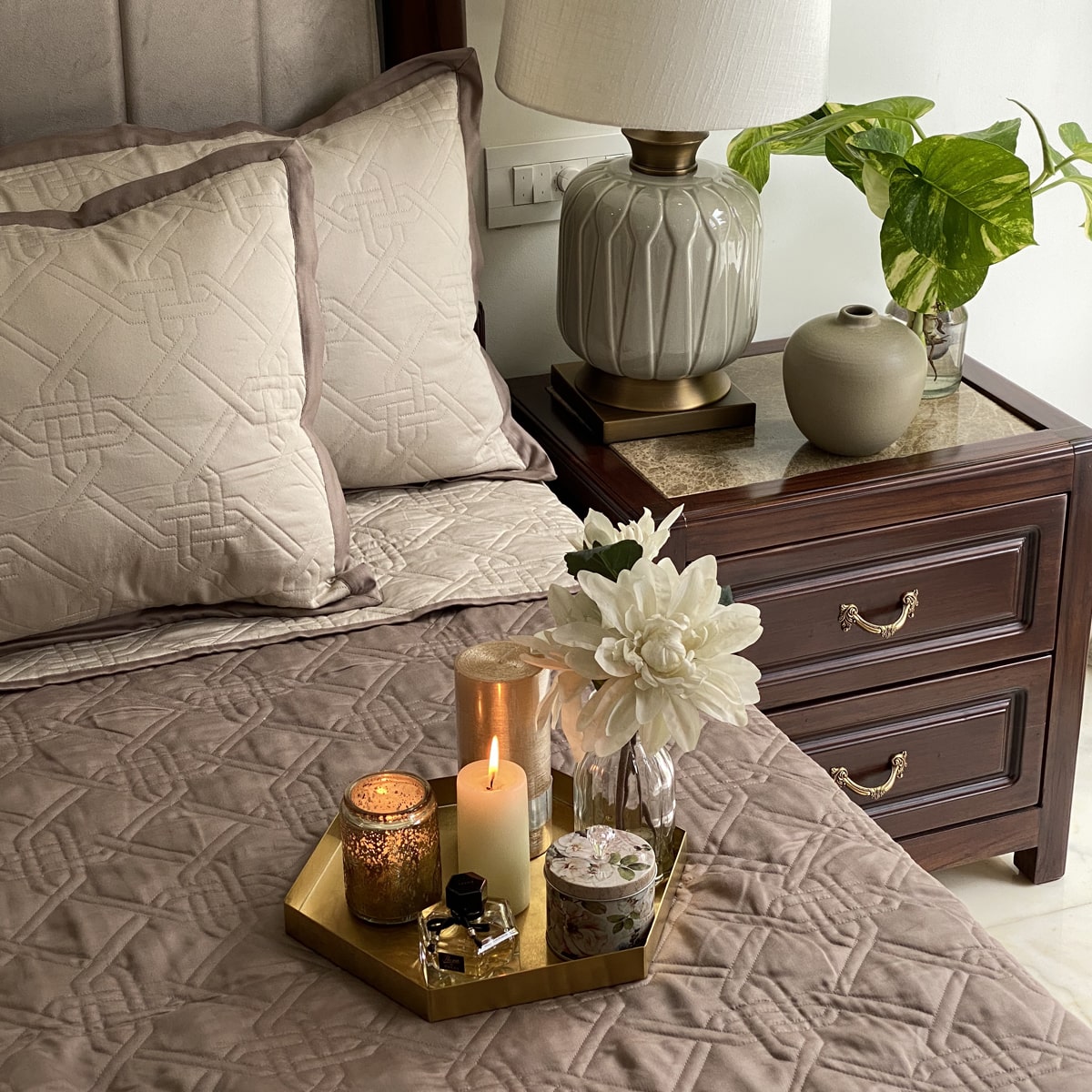 Quilted Beige and Taupe Gizmo Reversible Bedspread