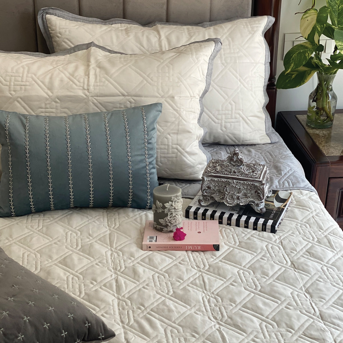 Quilted Grey Chambray And Ivory Gizmo Reversible Bedspread