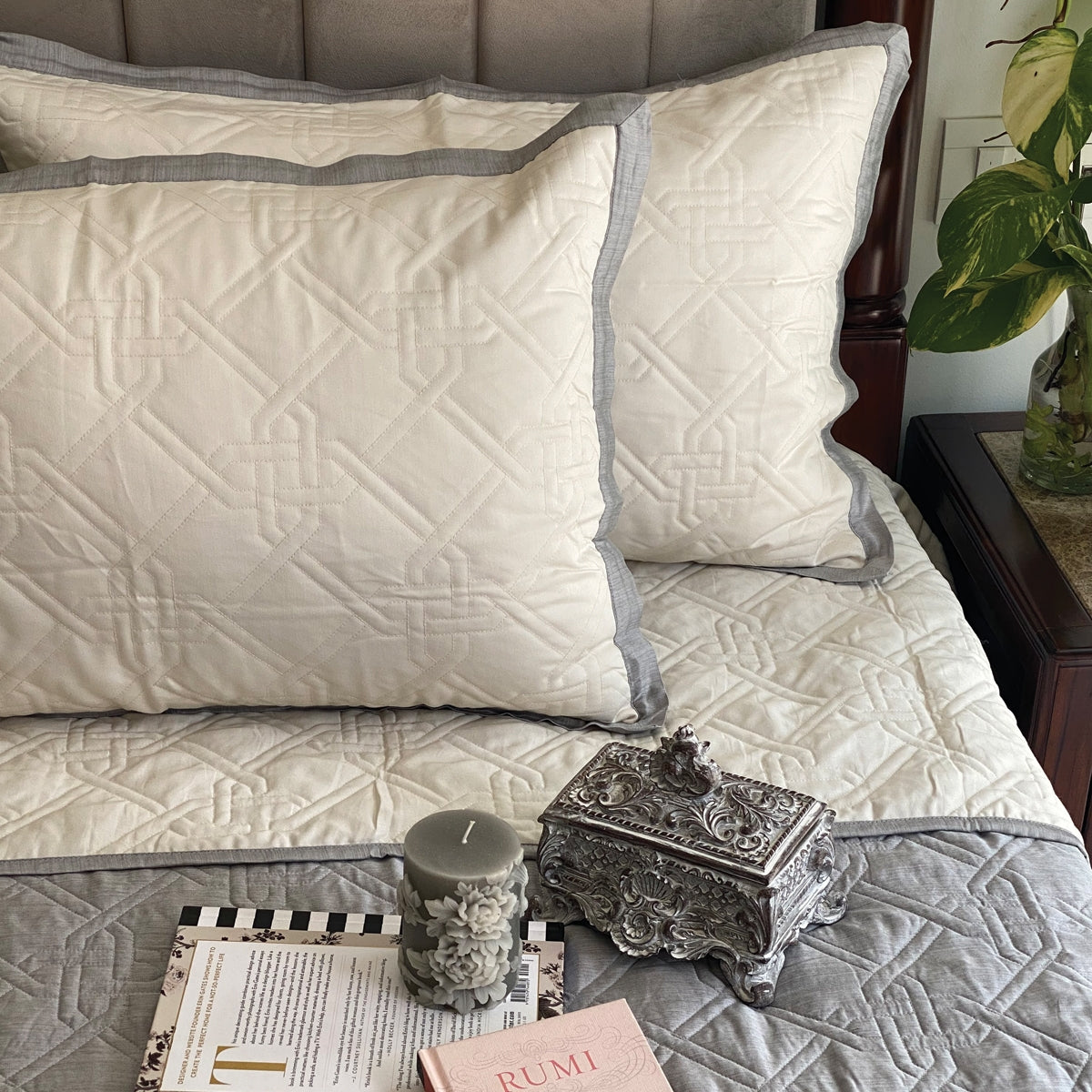 Quilted Grey Chambray And Ivory Gizmo Reversible Bedspread