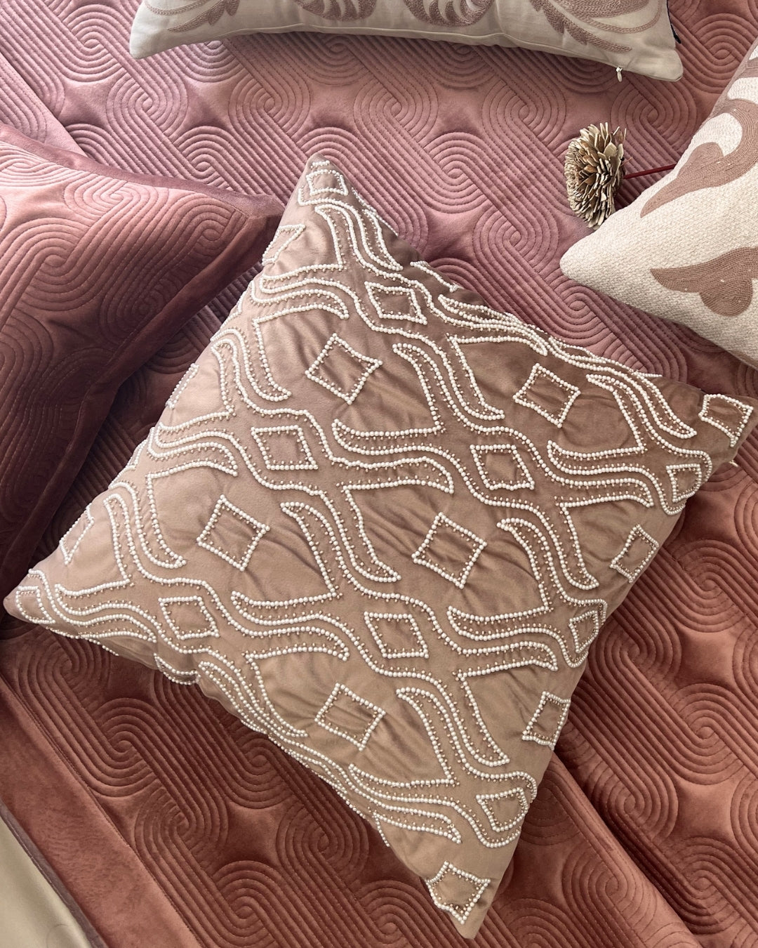 Decorative Harlie Buff Velvet Hand Embroidered Cushion Cover 16x16