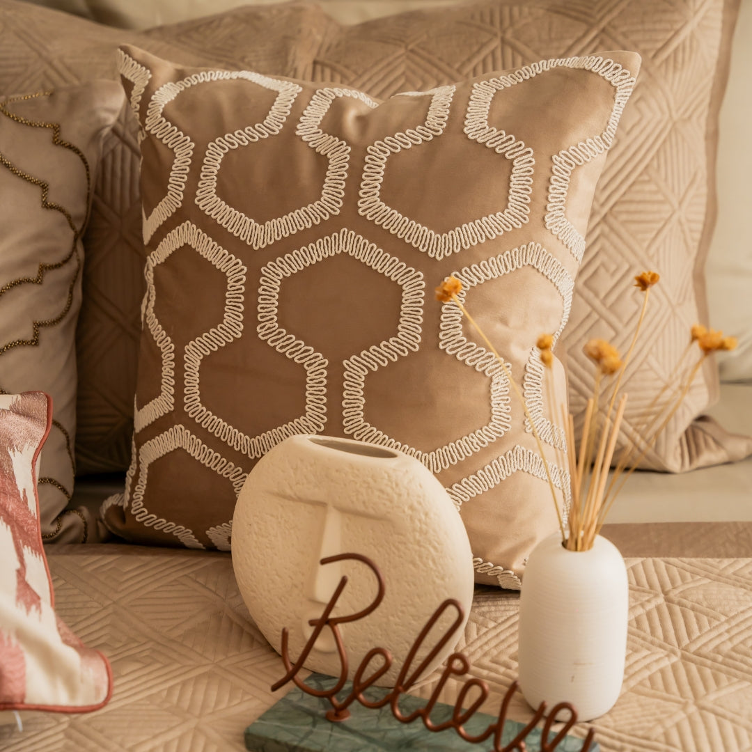 Decorative Honeycomb Champagne Gold Velvet Cushion Cover 16x16