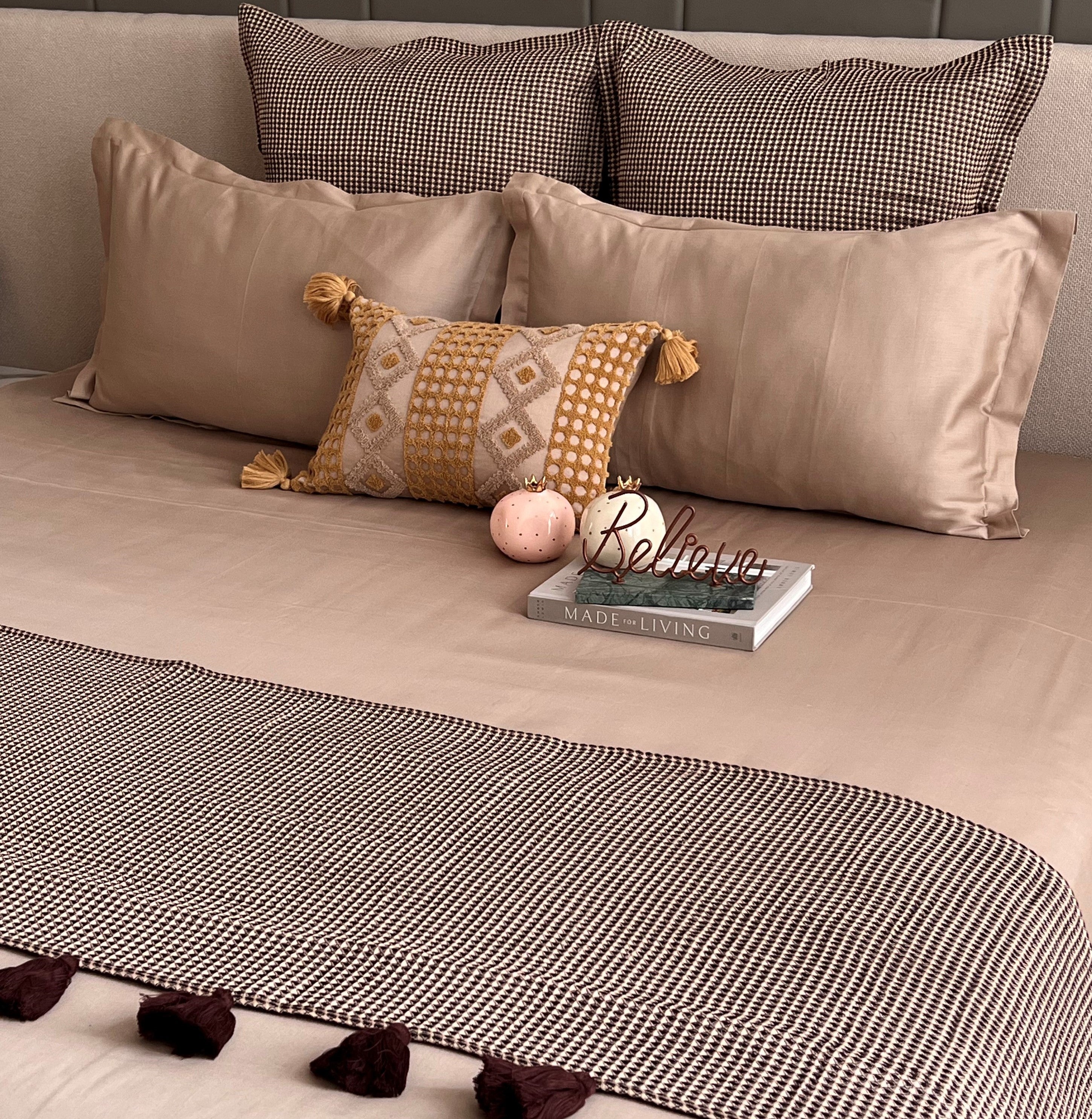 Honeycomb Coffee Textured Woven Bed Runner with Tassels & Matching Euro Shams (Set of 03)