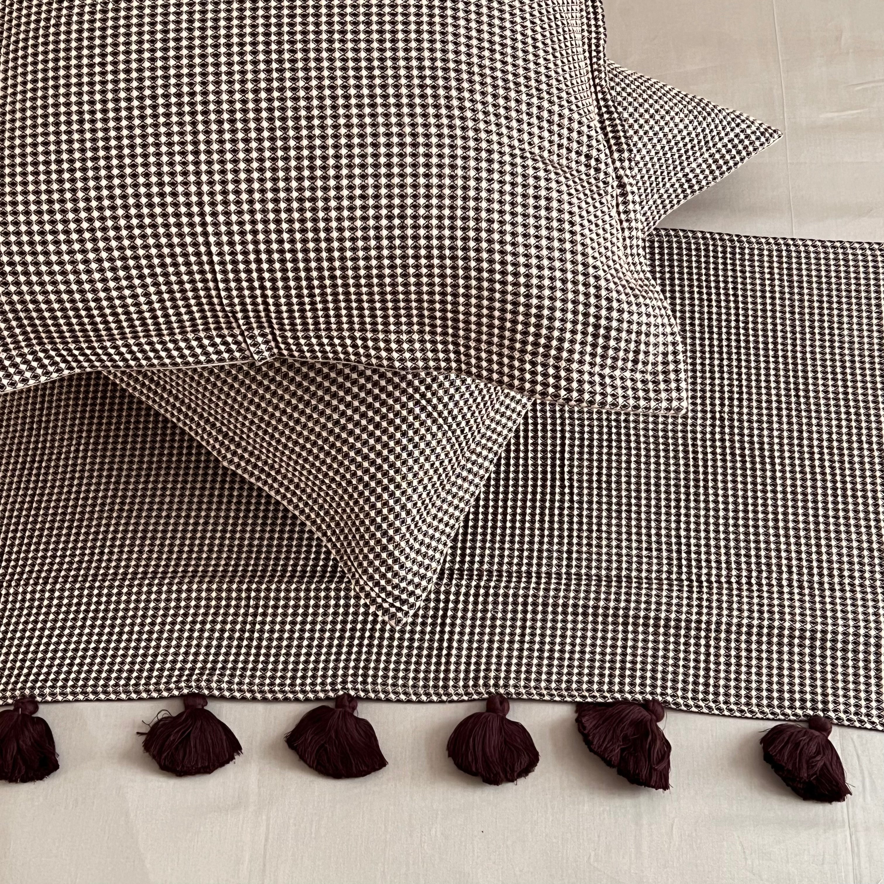 Honeycomb Coffee Textured Woven Bed Runner with Tassels & Matching Euro Shams (Set of 03)