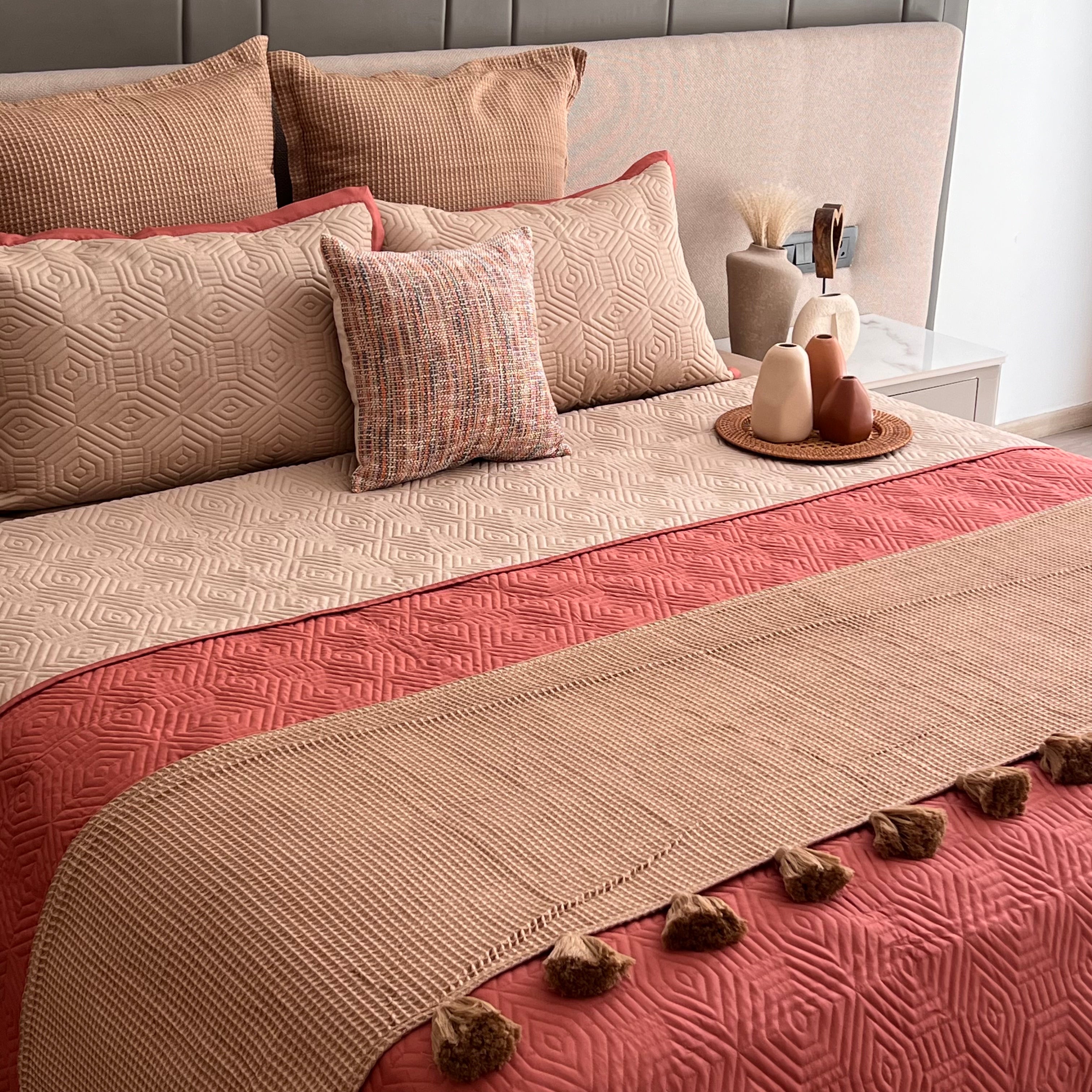 Honeycomb Mocha Textured Woven Bed Runner with Tassels & Matching Euro Shams (Set of 03)