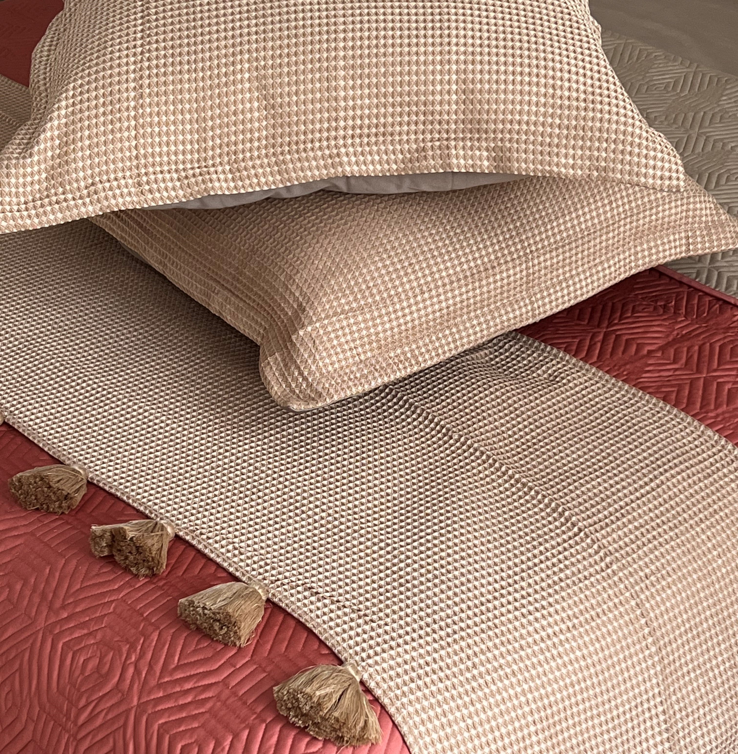 Honeycomb Mocha Textured Woven Bed Runner with Tassels & Matching Euro Shams (Set of 03)