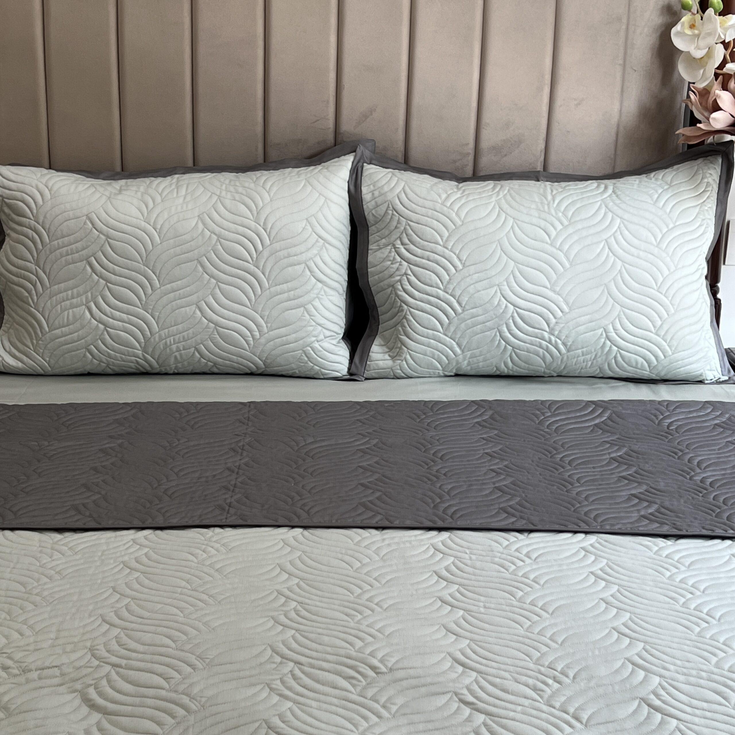 Quilted Sage Green and Grey Comber Reversible Bedspread