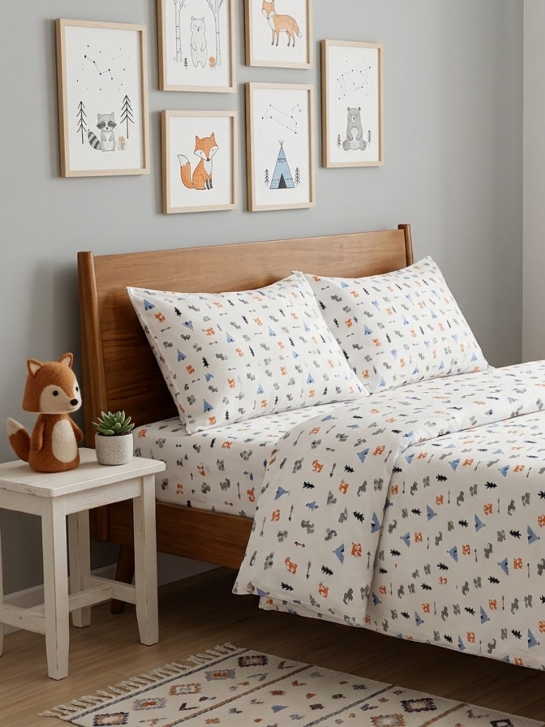 Happy Campers Ivory Printed Cotton Kids Bedsheet Set