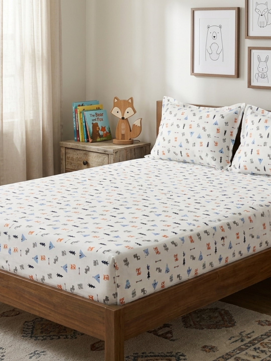 Happy Campers Ivory Printed Cotton Kids Bedsheet Set
