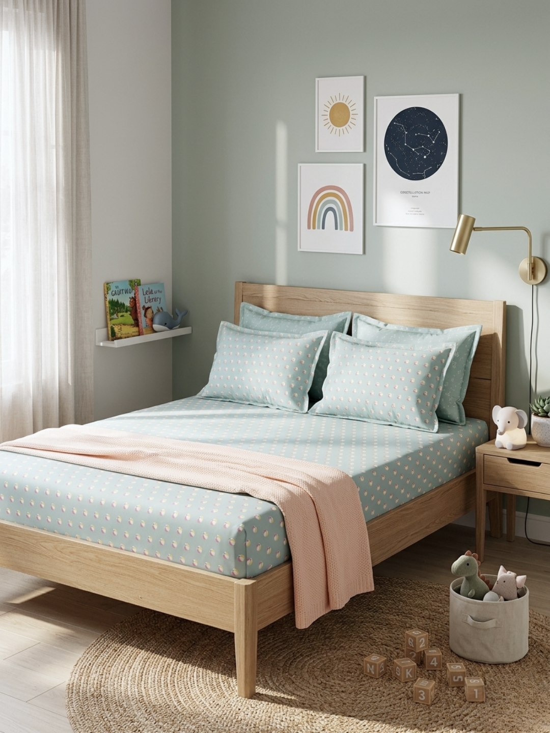 Kick Off Sage Green Printed Cotton Kids Bedsheet Set