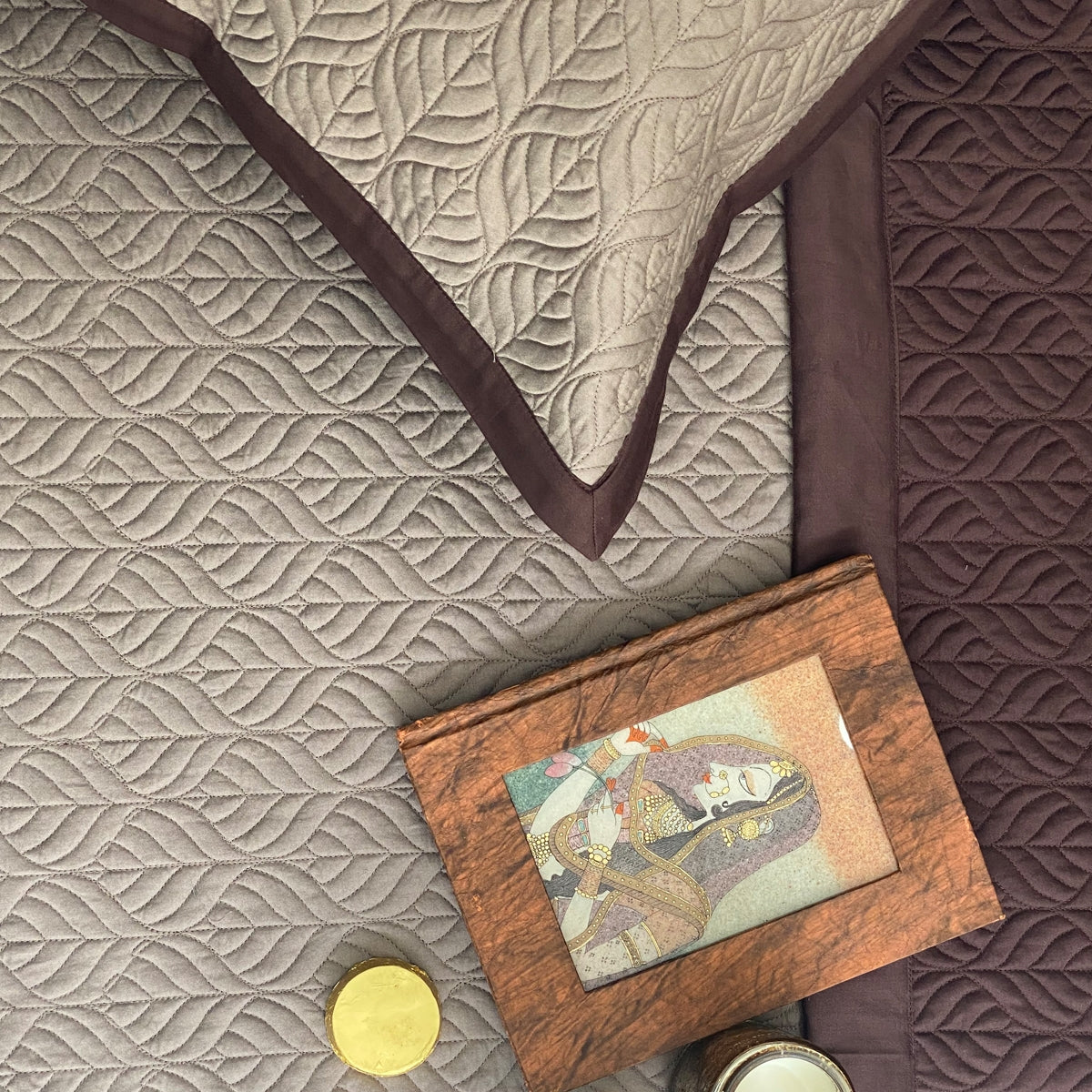 Coffee &amp; Taupe Leafage Reversible Bedspread