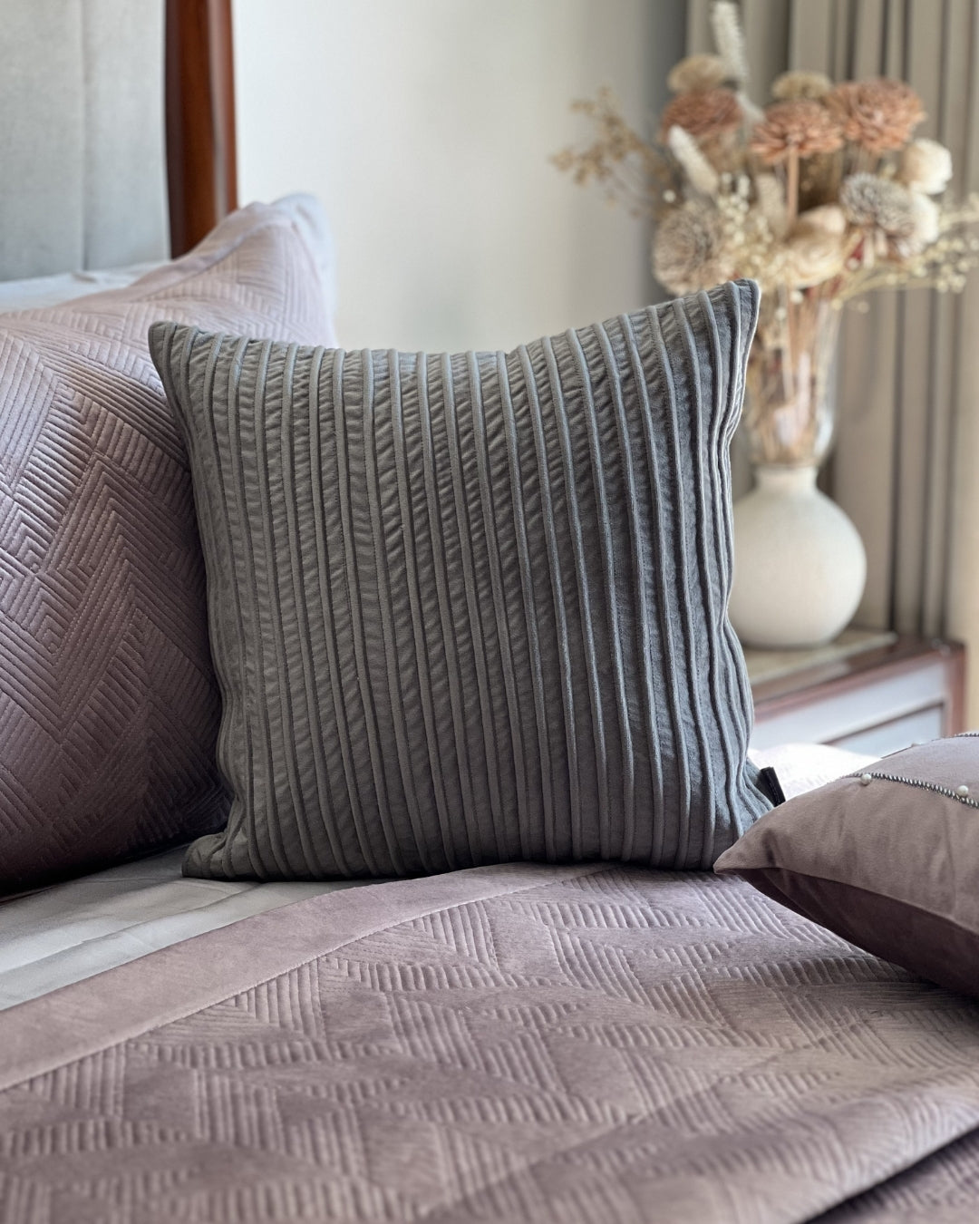 Decorative Linea Dark Grey Velvet Hand Embroidered Cushion Cover 16x16