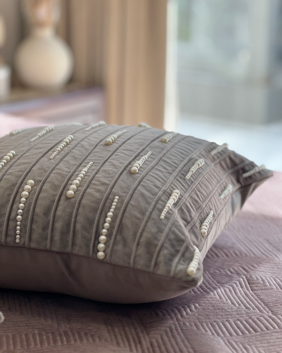 Decorative Lino Dark Grey Velvet Hand Embroidered Cushion Cover 16x16