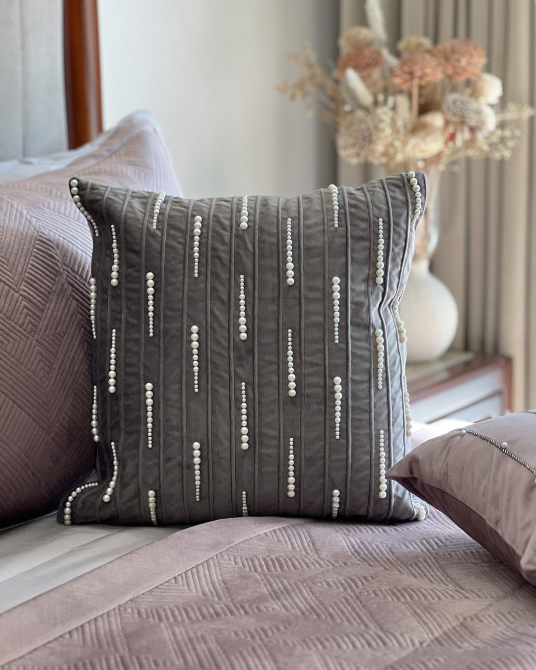 Decorative Lino Dark Grey Velvet Hand Embroidered Cushion Cover 16x16