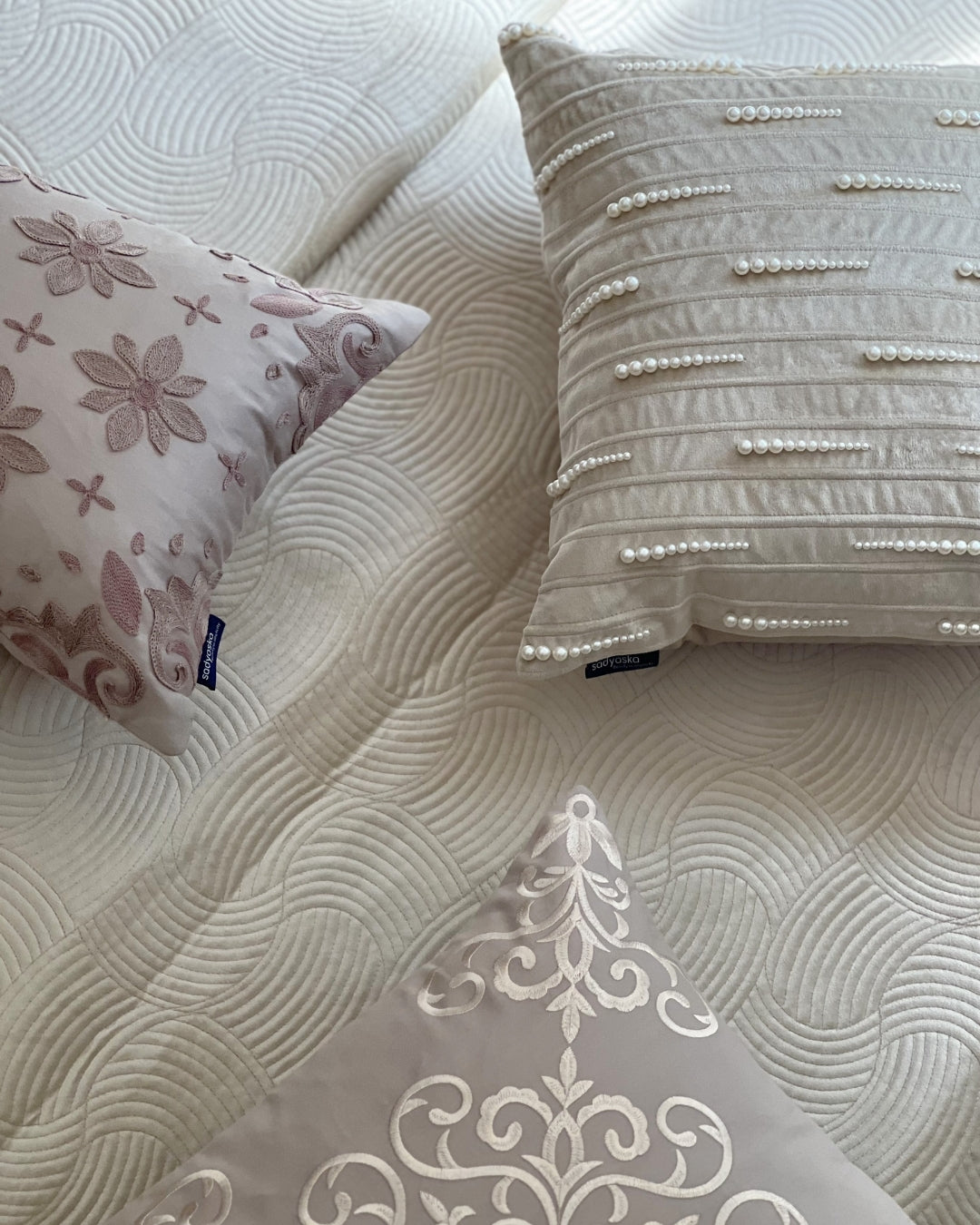 Decorative Lino Ivory Velvet Hand Embroidered Cushion Cover 16x16