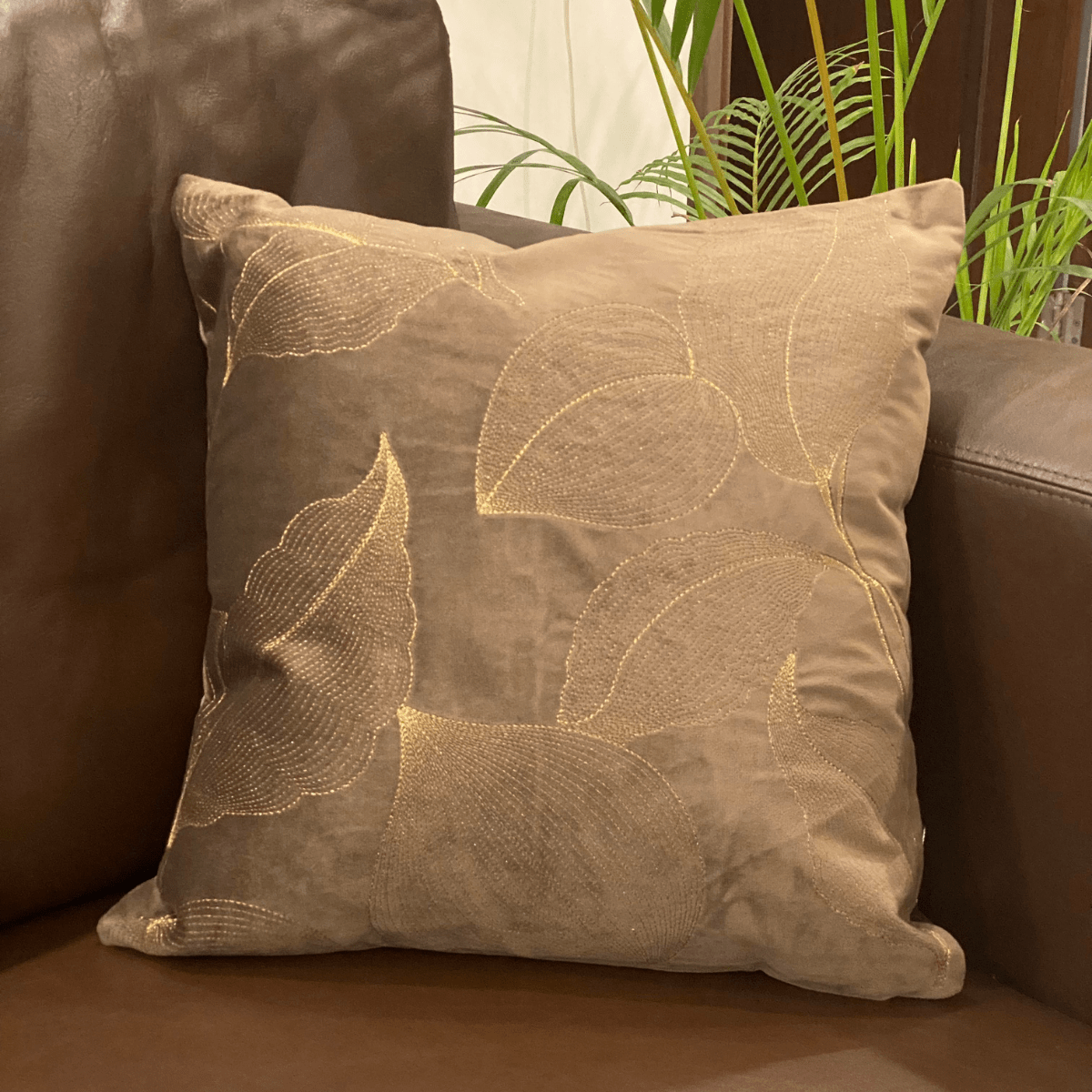 Decorative Leaf Latte Velvet Cushion Cover 16x16