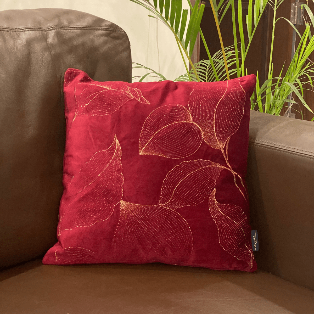 Decorative Leaf Maroon Velvet Cushion Cover 16x16