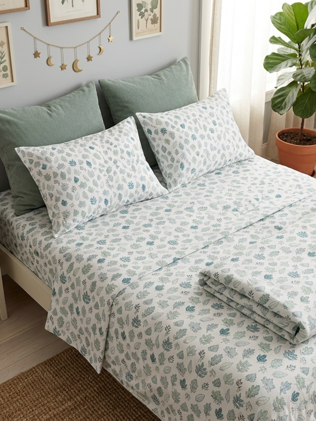 Little Leaves Ivory Printed Cotton Bedsheet Set