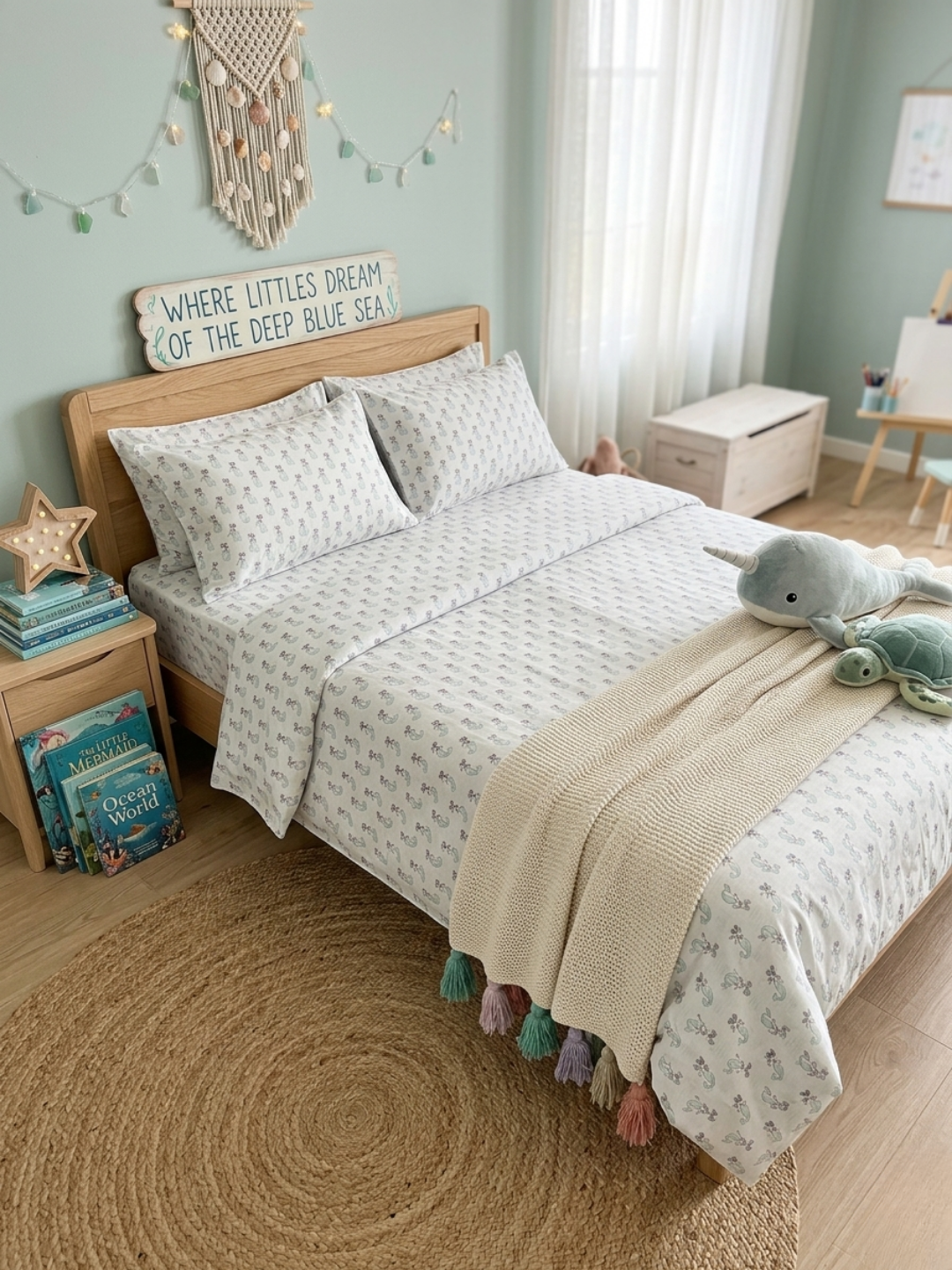 Mermaid Dreams Ivory Printed Cotton Kids Bedsheet Set