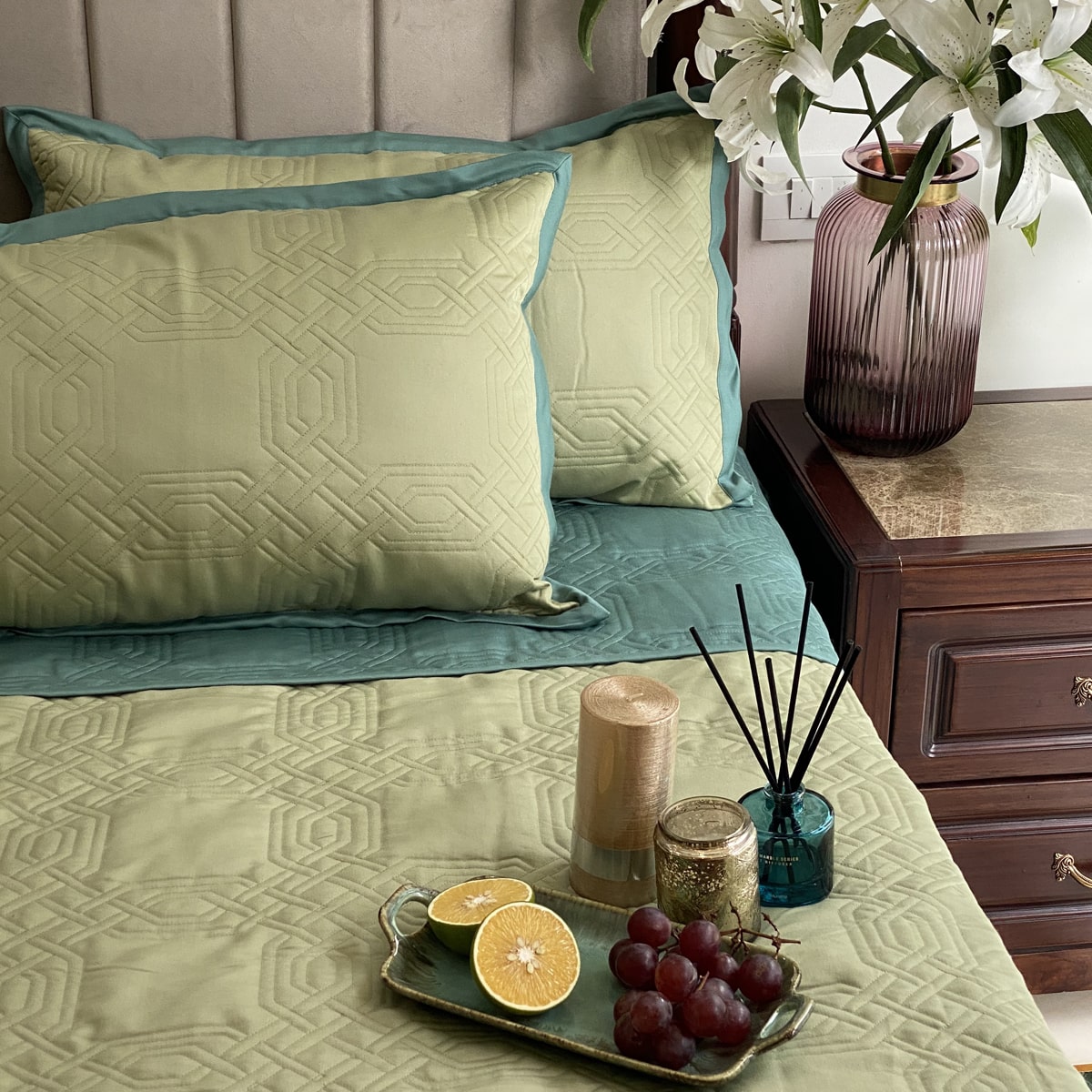 Quilted Turquoise and Lime Green Ornate Reversible Bedspread