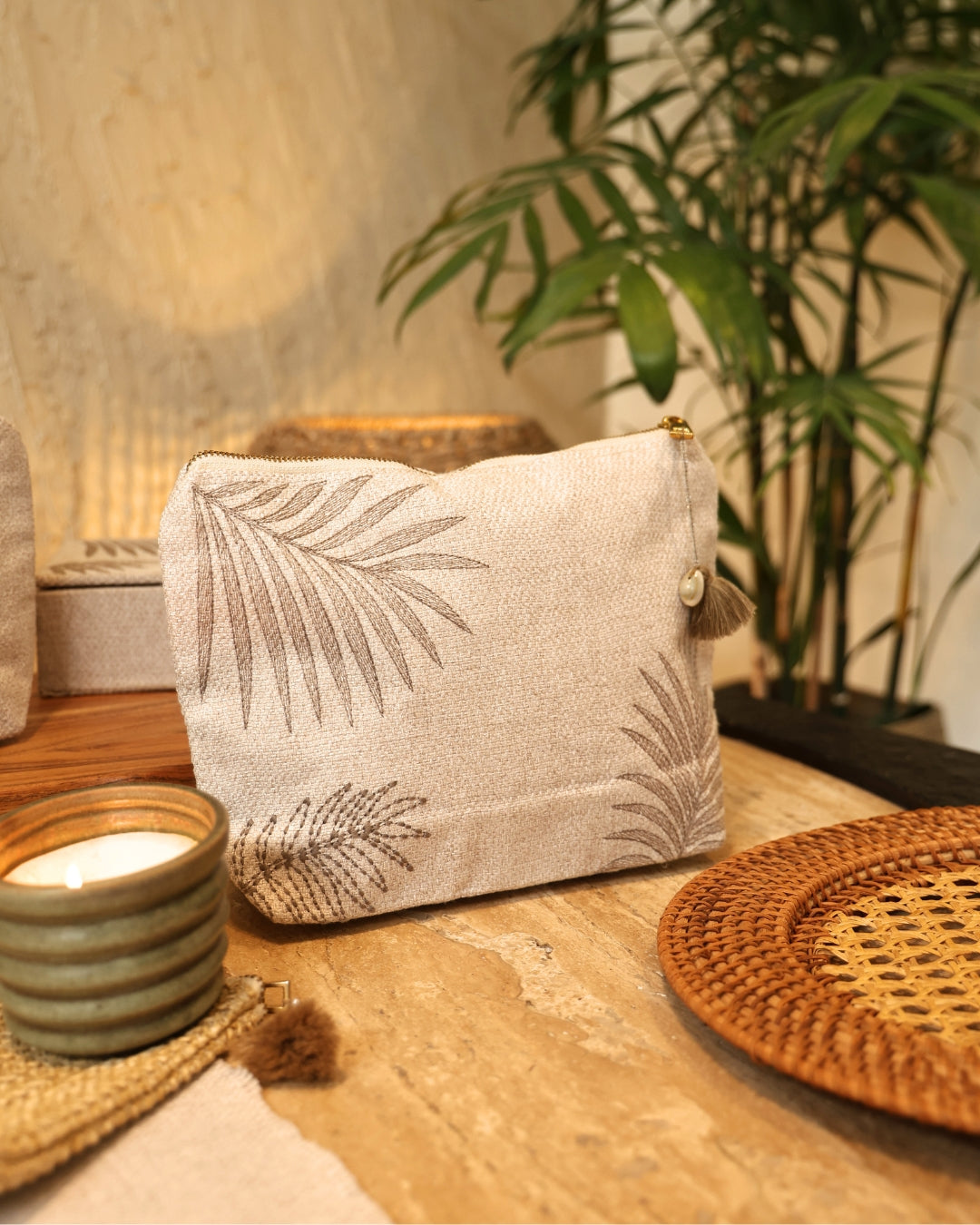 Palm Grove Beige Chambray Large Size Embroidered Pouch / Cosmetic / Make Up Case Multifunction Storage