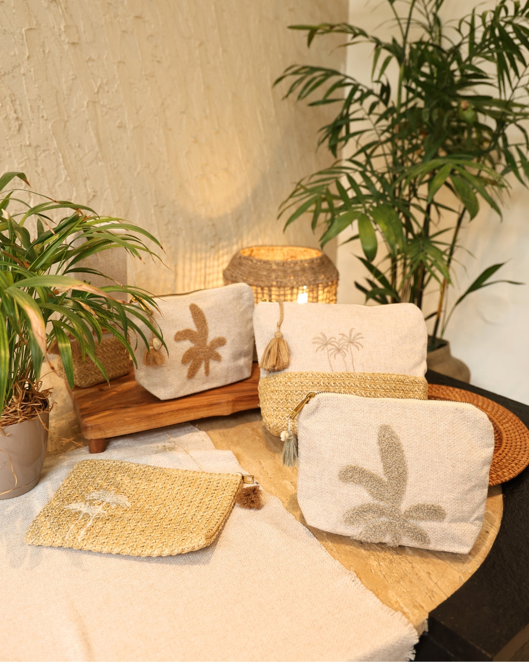 Desert Bloom Rust Beige Chambray Medium Size Embroidered Pouch / Cosmetic / Make Up Case Multifunction Storage