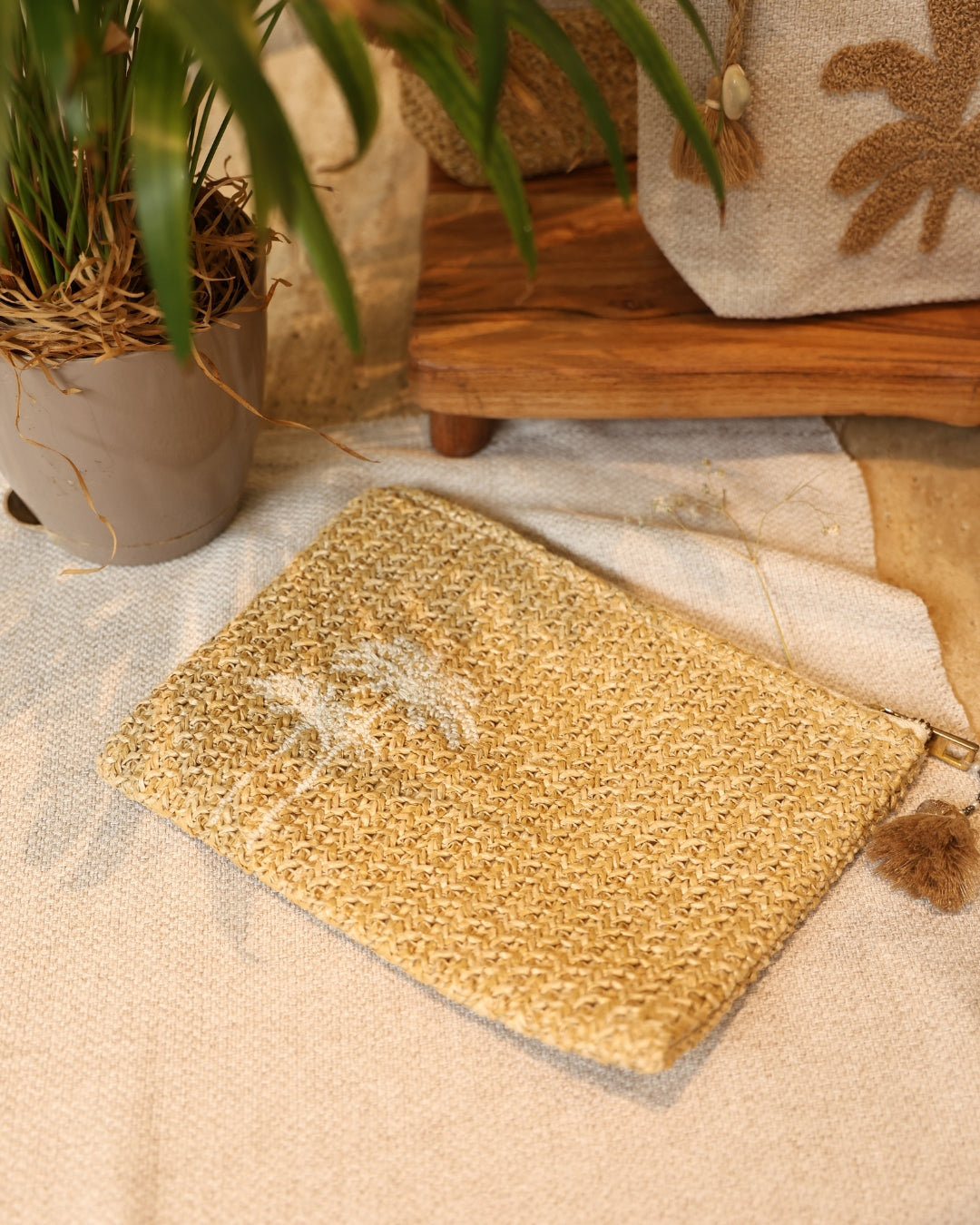 Palmera Beige Raffia Medium Size Embroidered Pouch / Cosmetic / Make Up Case Multifunction Storage