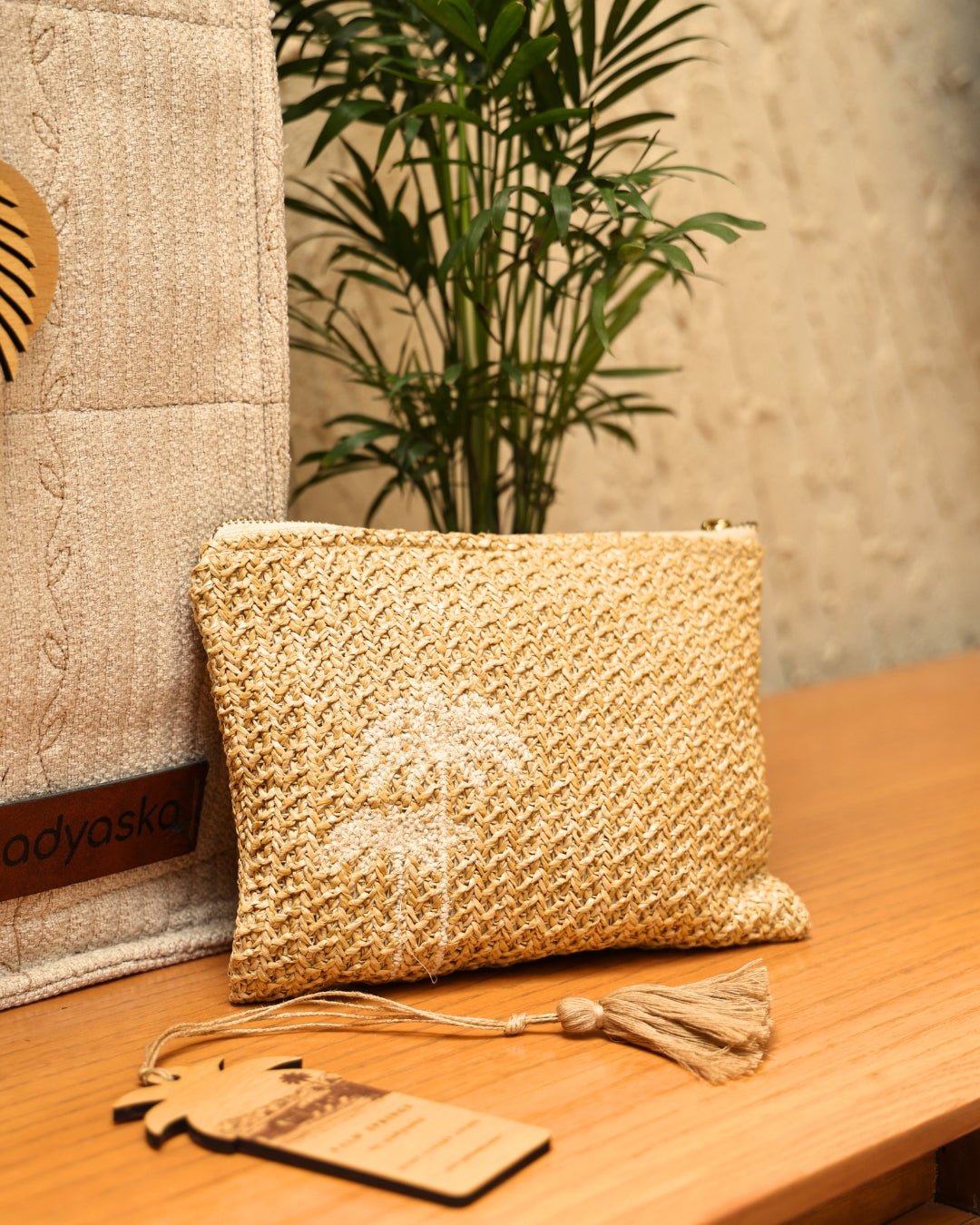 Palmera Beige Raffia Medium Size Embroidered Pouch / Cosmetic / Make Up Case Multifunction Storage