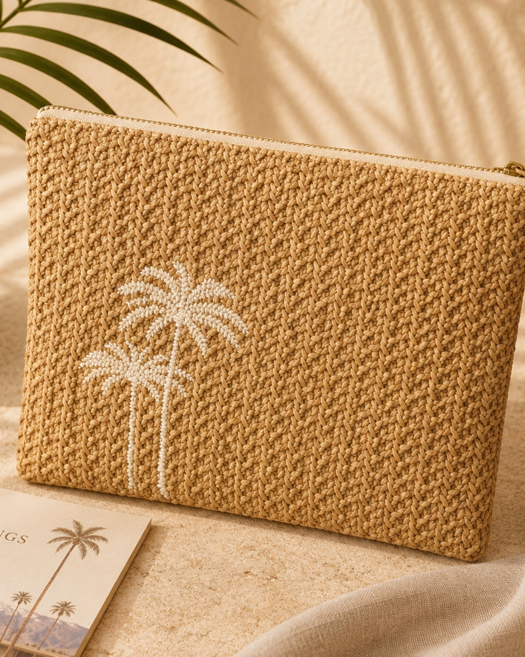 Palmera Beige Raffia Medium Size Embroidered Pouch / Cosmetic / Make Up Case Multifunction Storage