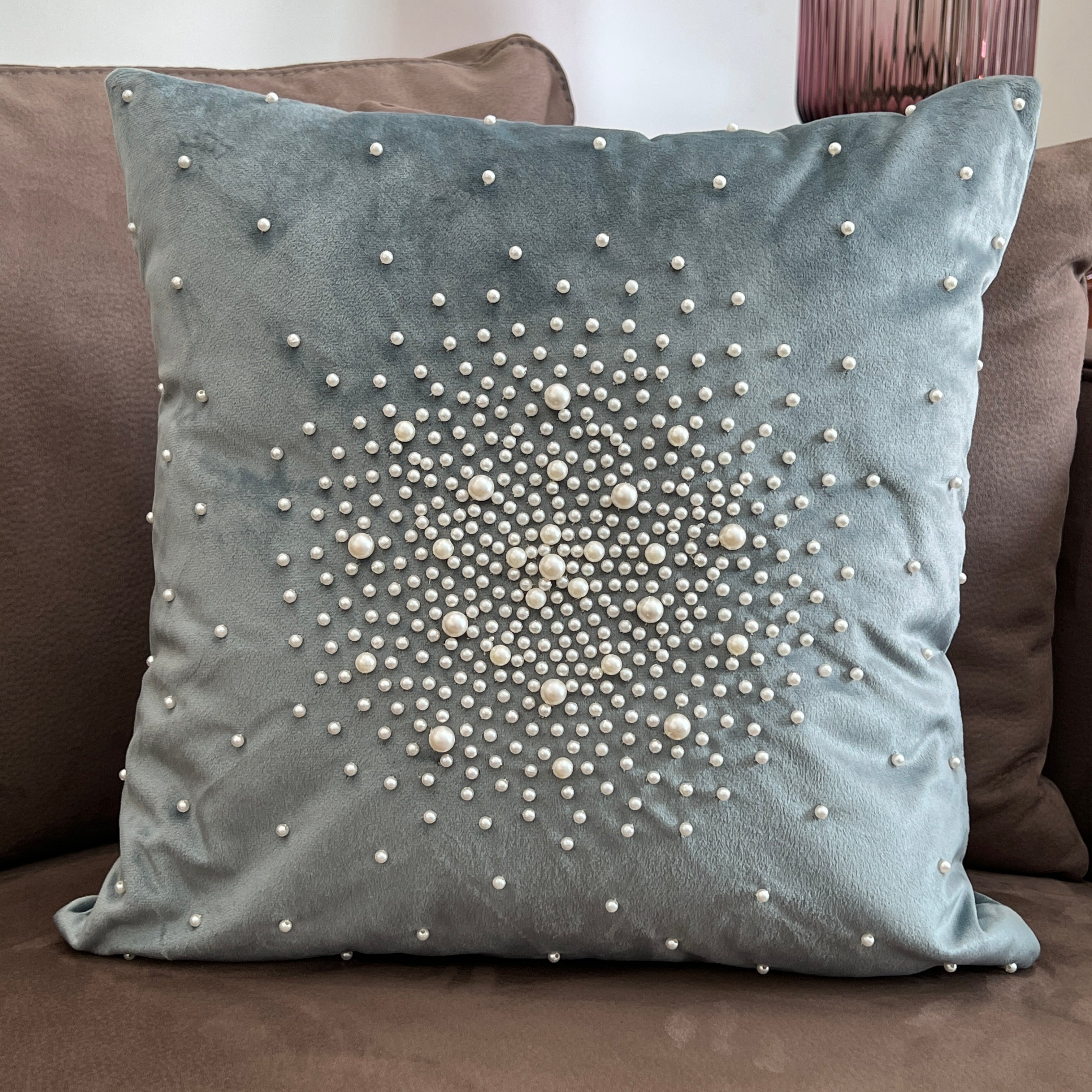 Decorative Pearl Powder Blue Velvet Cushion Cover 16x16