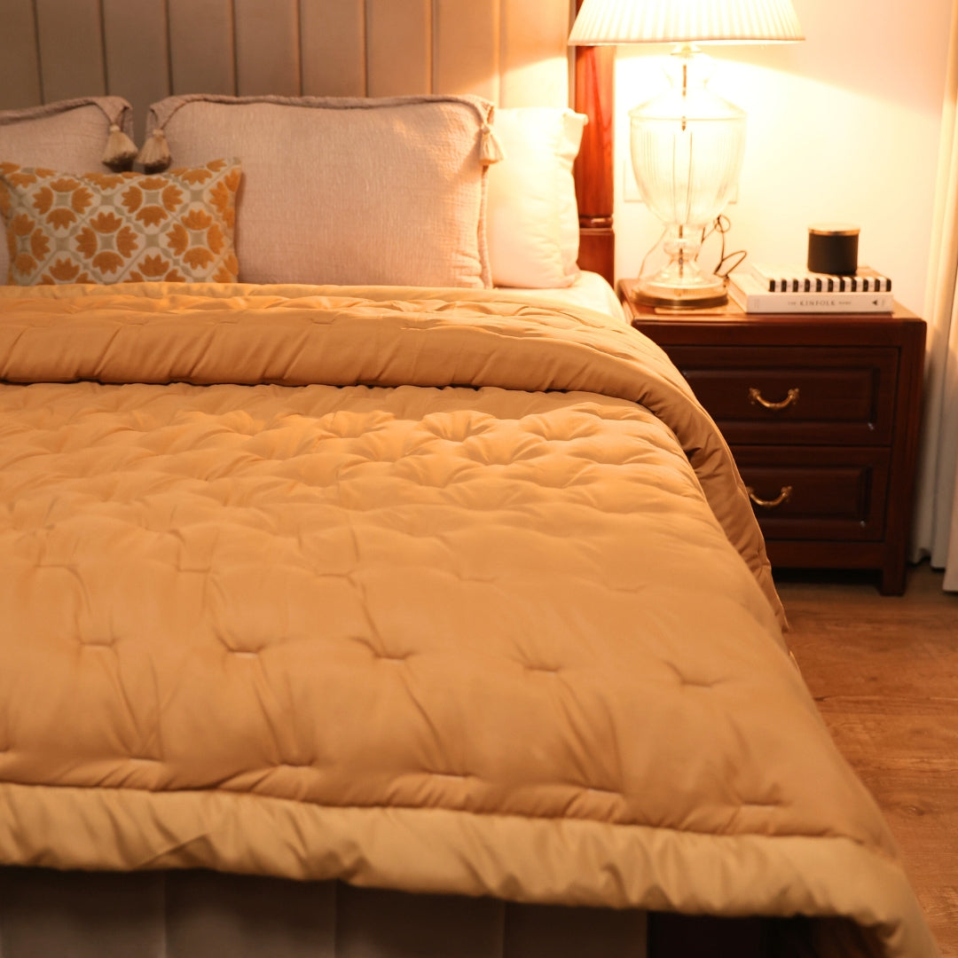 Beige Double Bed Reversible Heavy Winter Downfill Micro Peach Quilt