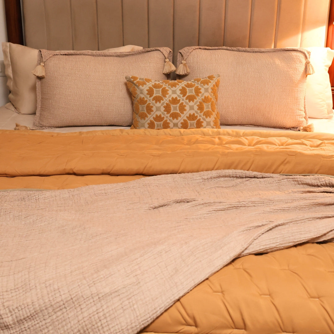 Beige Double Bed Reversible Heavy Winter Downfill Micro Peach Quilt