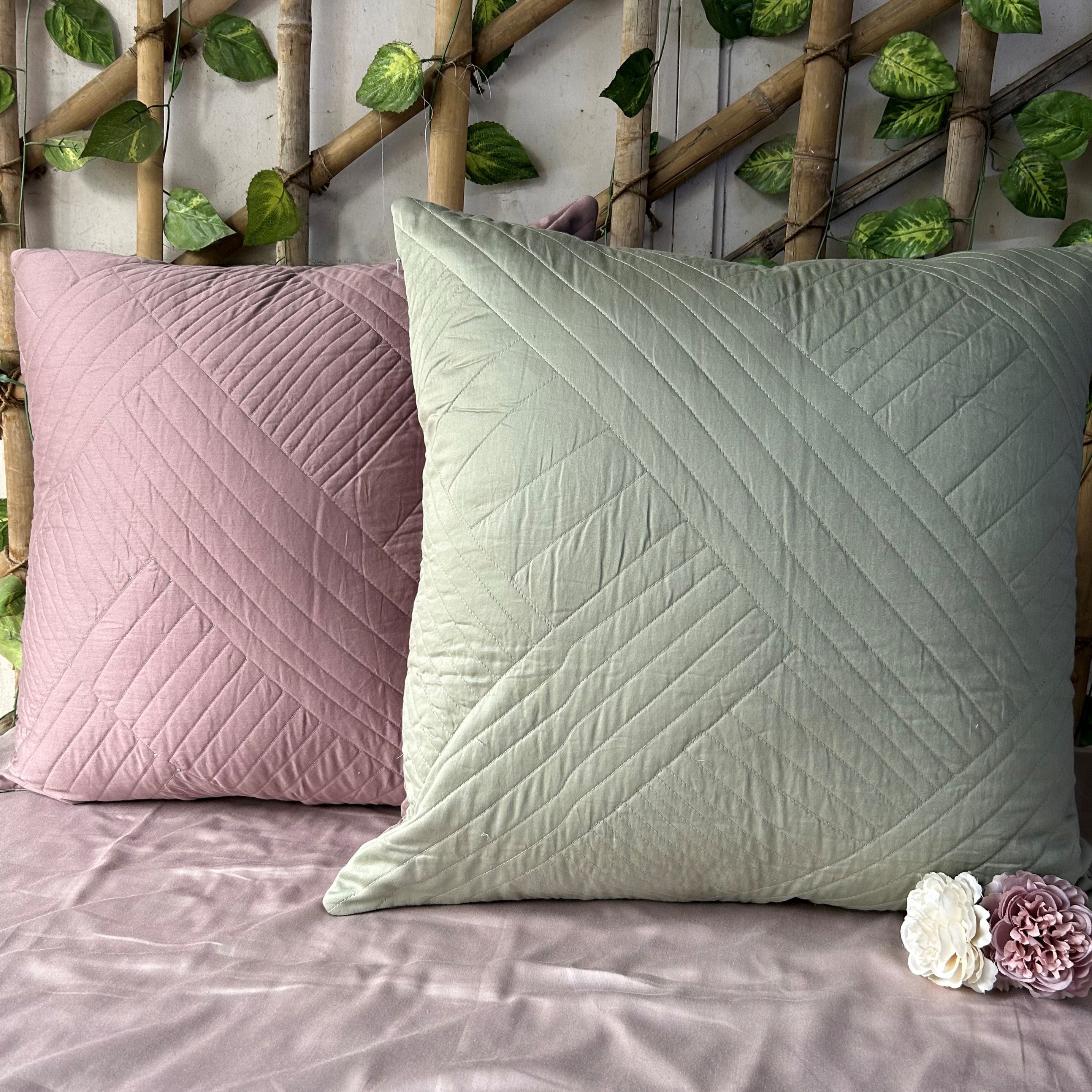 Regal Sage Green and Old Rose Quilted Reversible Cotton Euro Sham