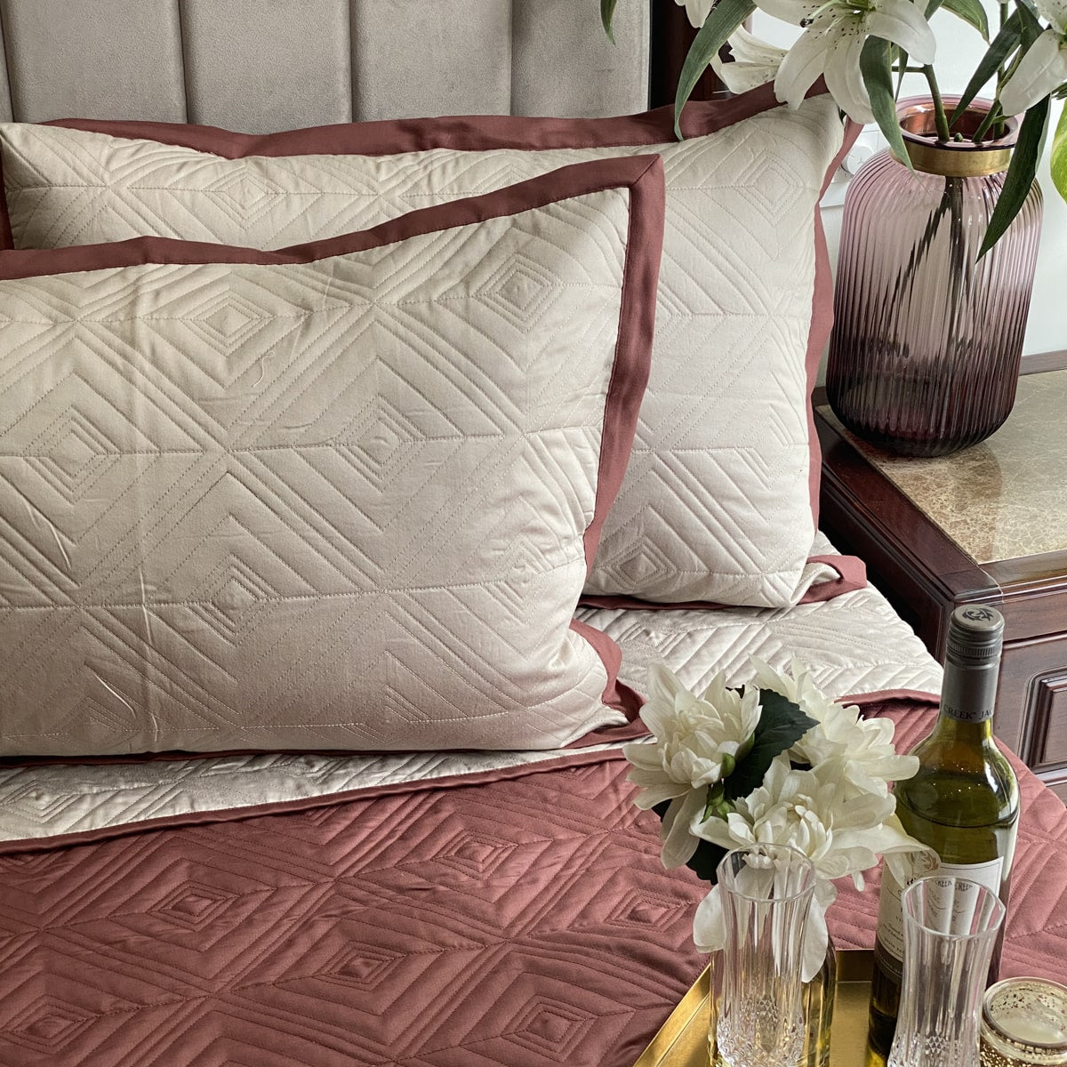 Quilted Blush and Beige Ripple Reversible Bedspread