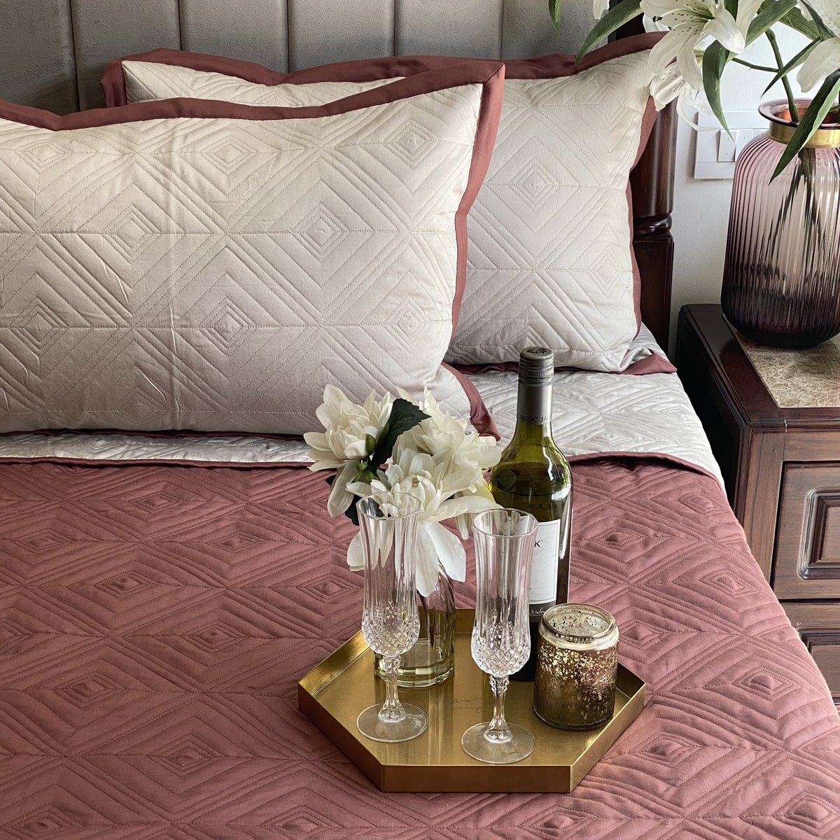 Quilted Blush and Beige Ripple Reversible Bedspread
