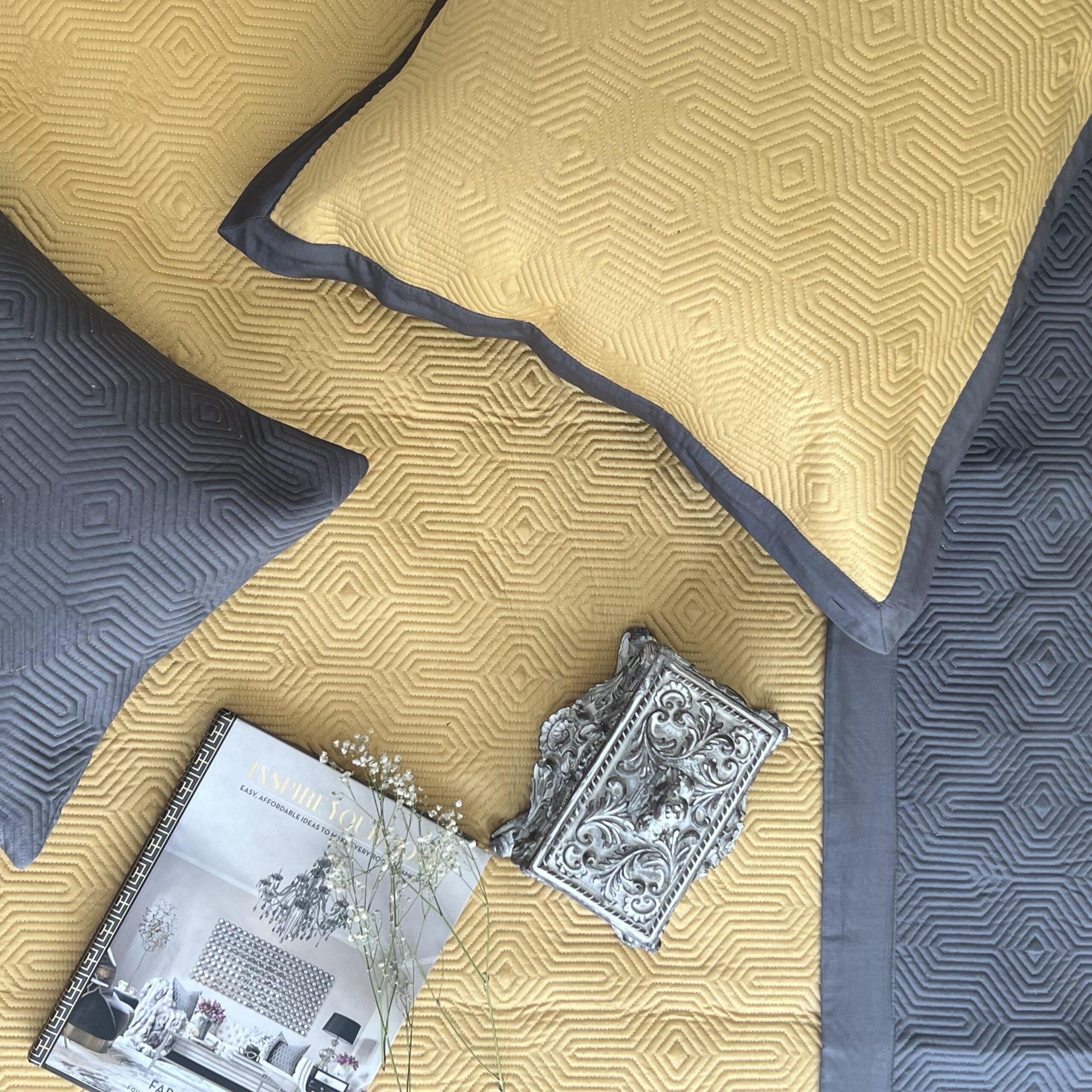 Buttercup Yellow and Dark Grey Diaco Cotton Trousseau Set (10 PC Set)