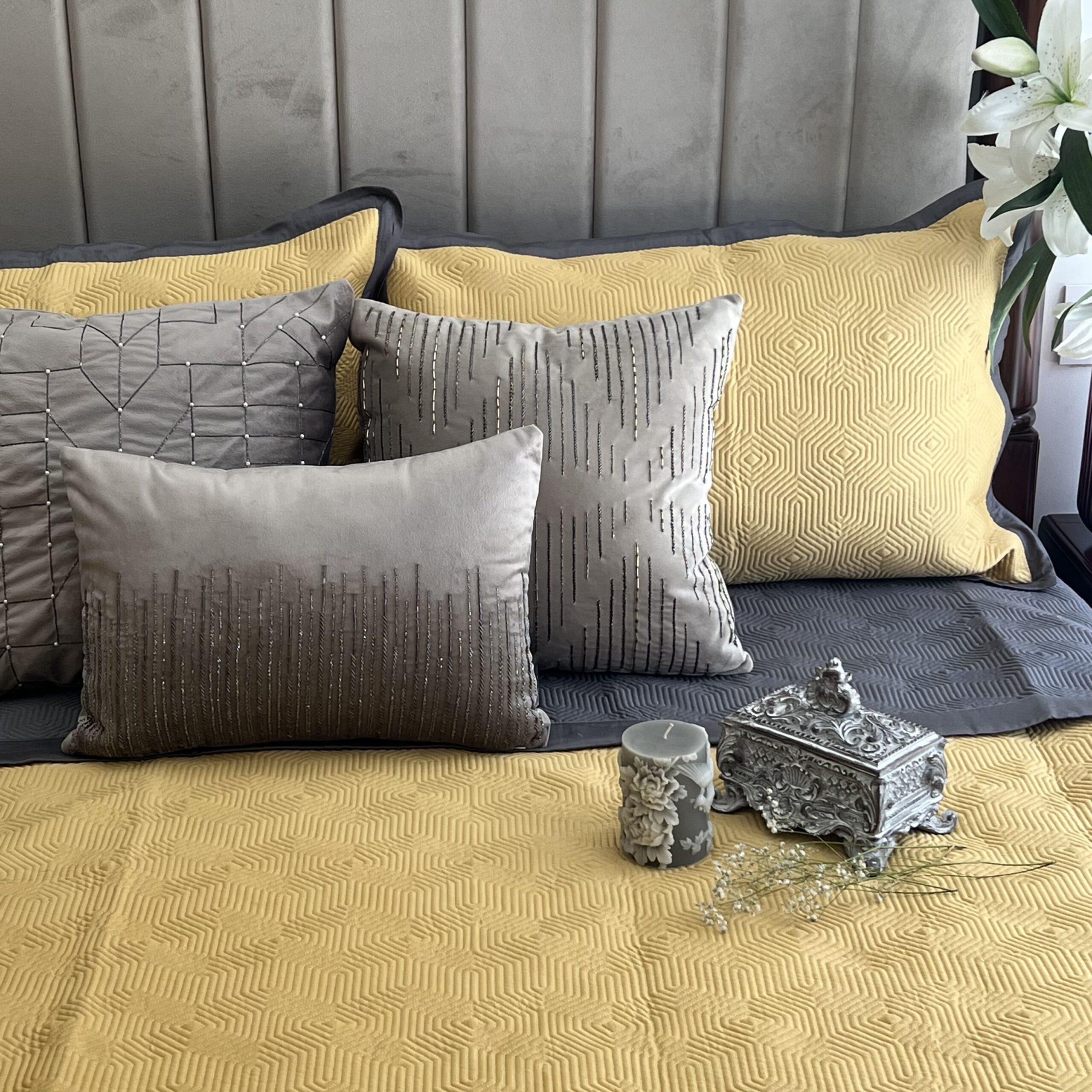 Buttercup Yellow and Dark Grey Diaco Cotton Reversible Bedspread