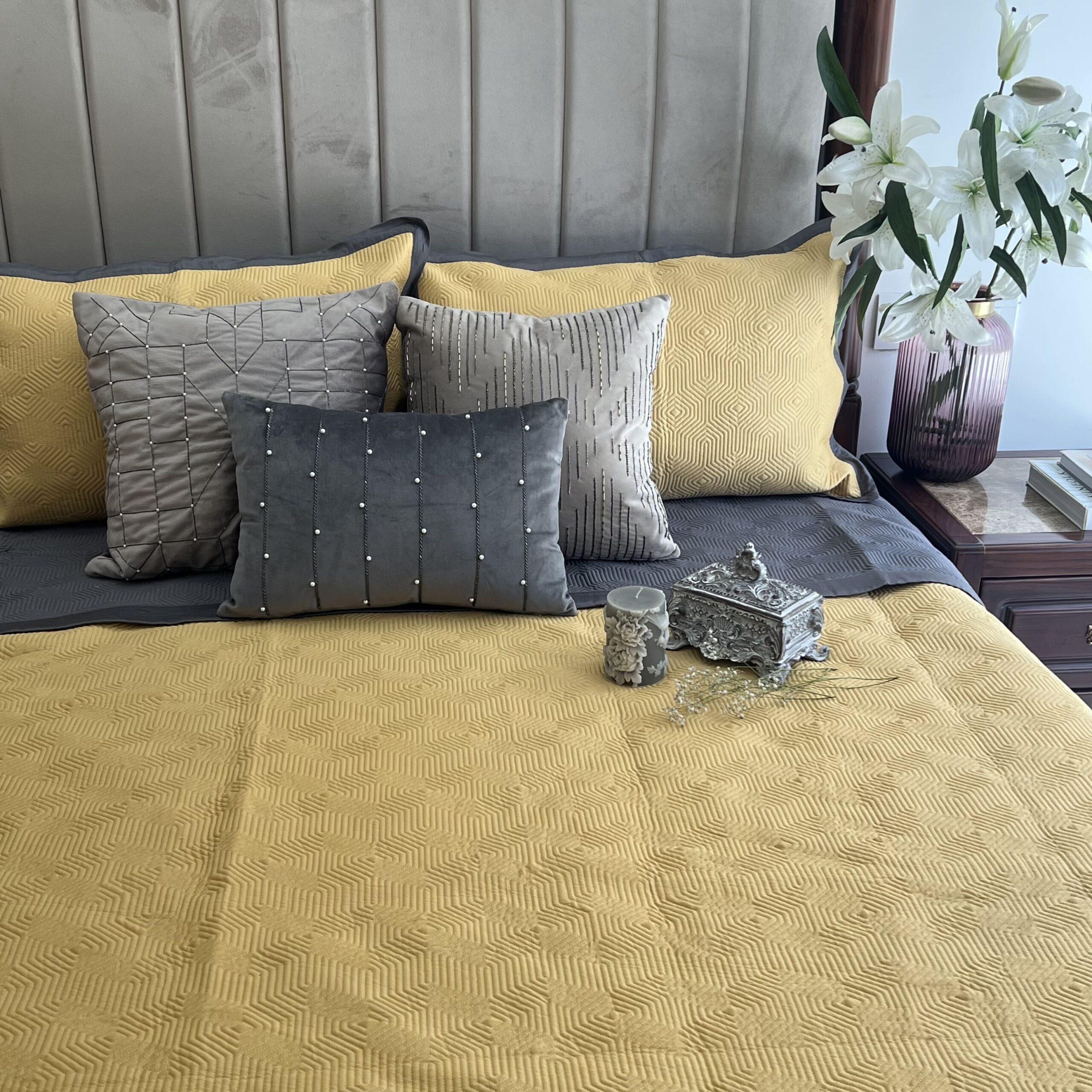 Buttercup Yellow and Dark Grey Diaco Cotton Reversible Bedspread