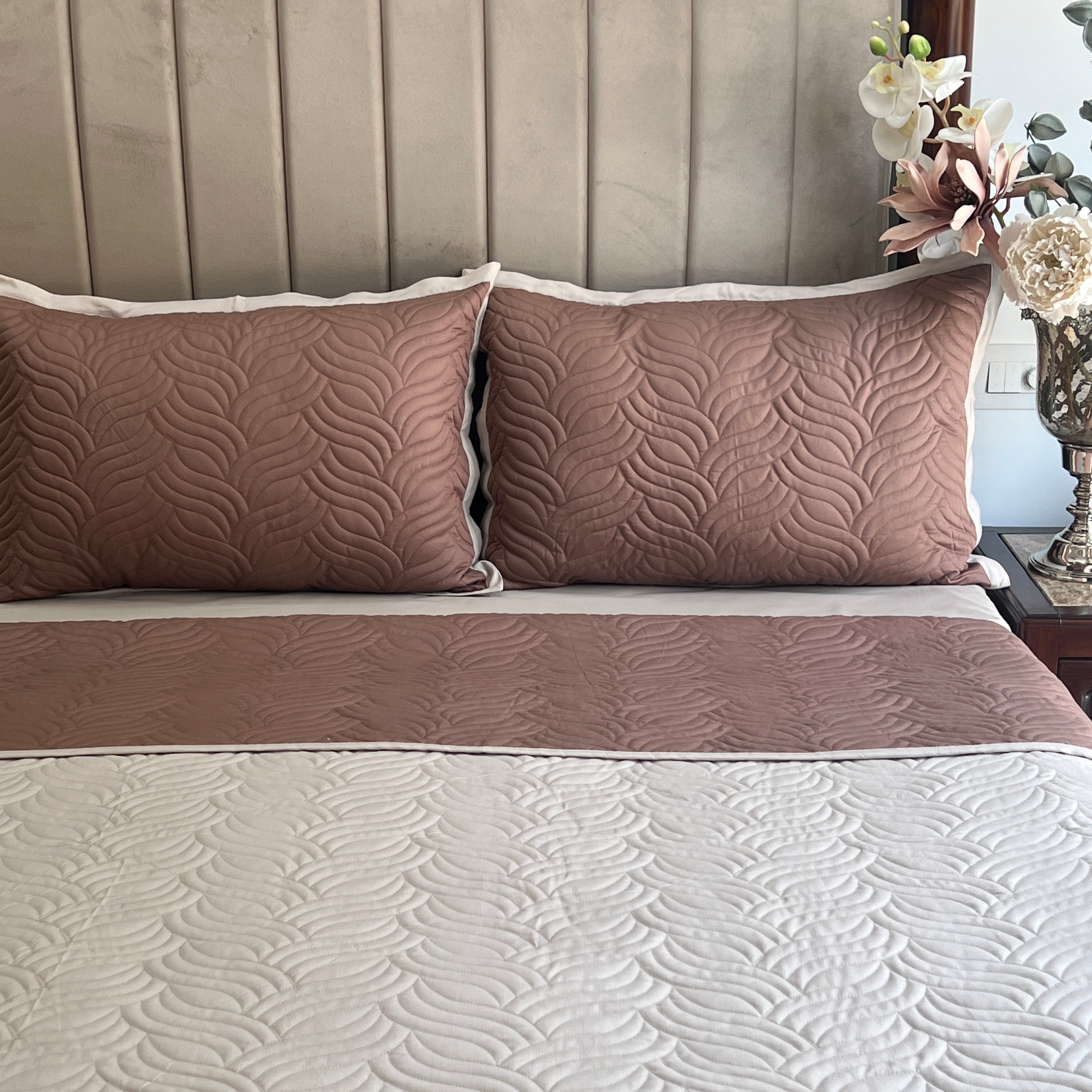 Quilted Brandy Rose and Beige Comber Reversible Bedspread