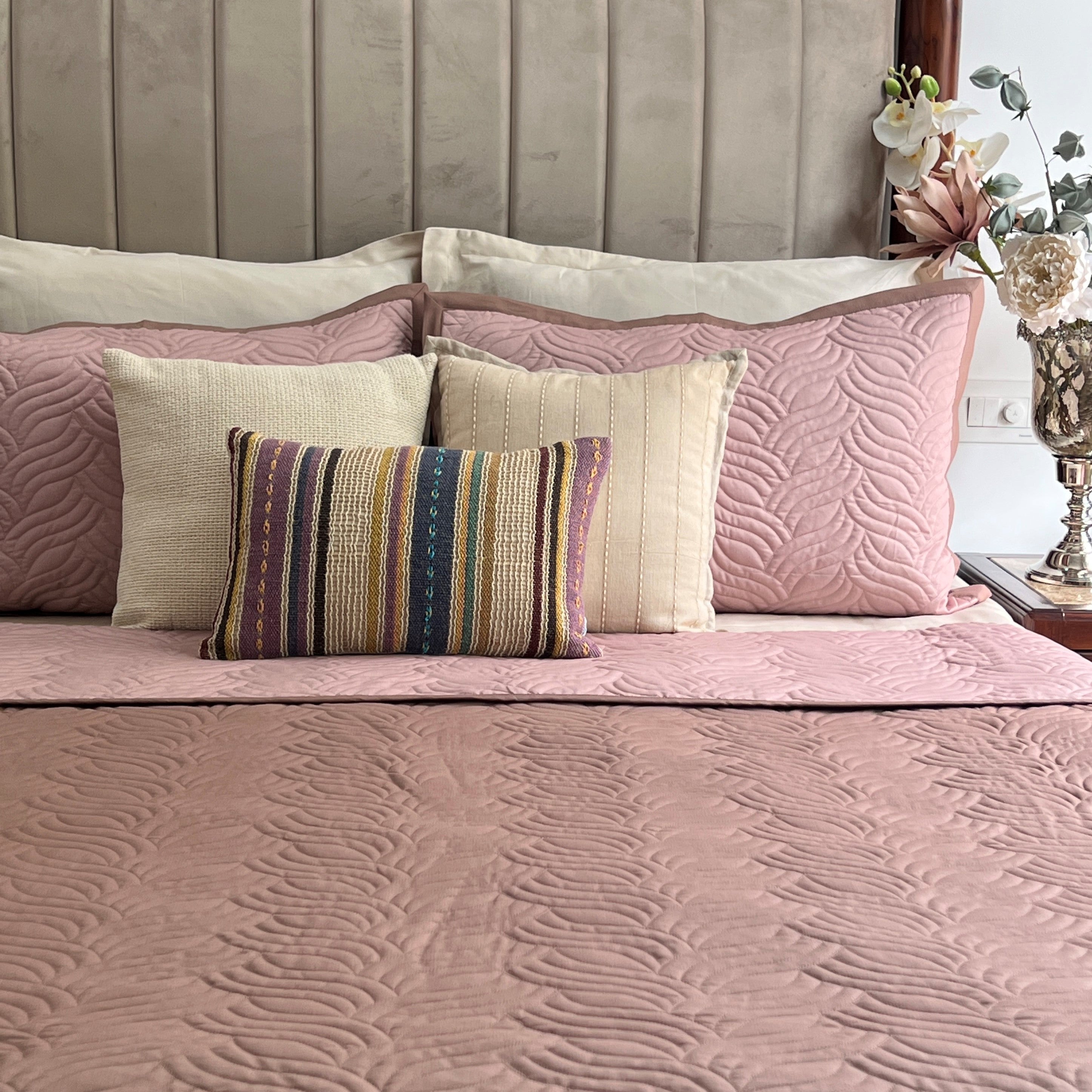 Quilted Brandy Rose and Old Rose Comber Reversible Bedspread