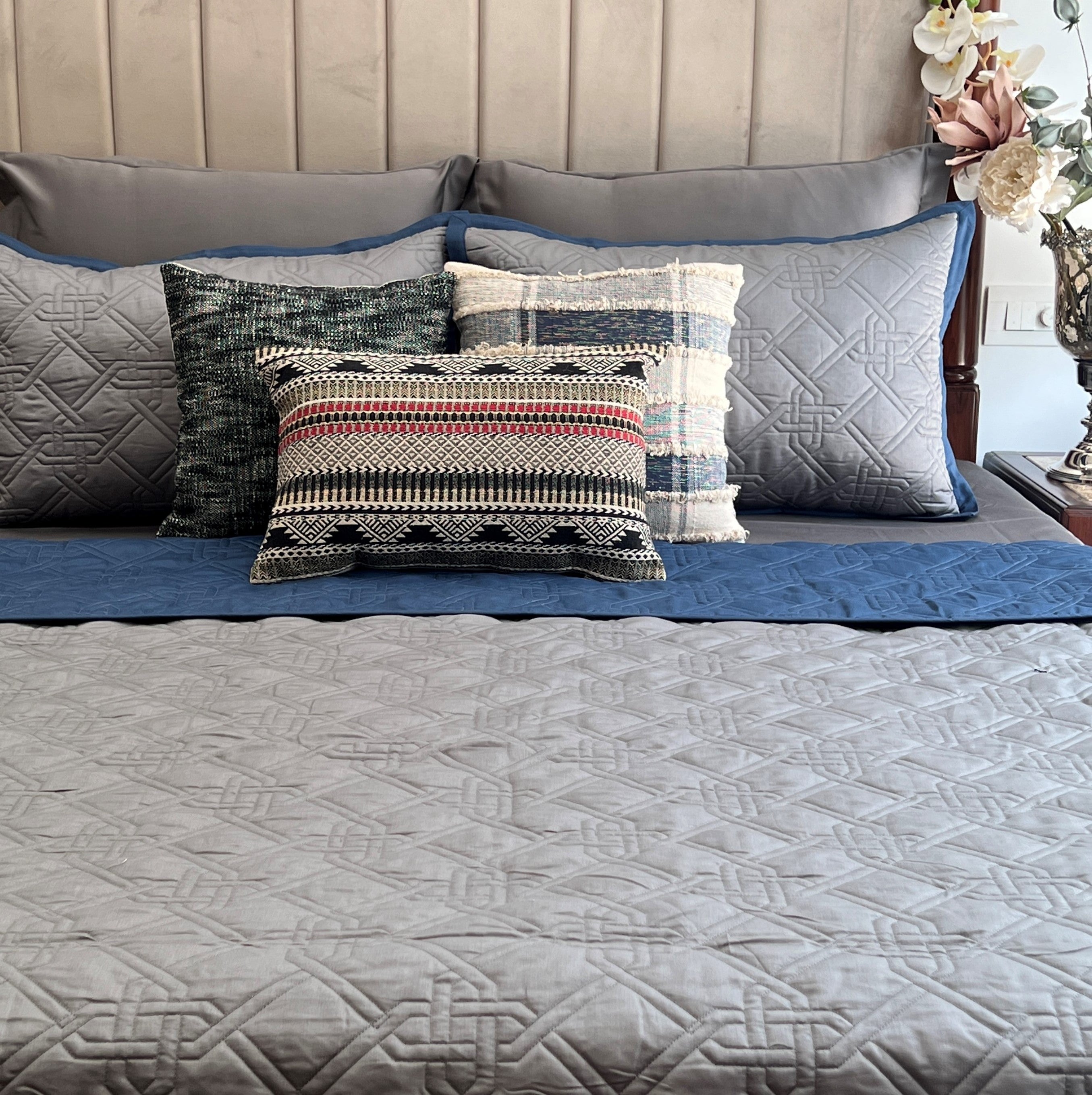 Quilted Navy and Dark Grey Gizmo Reversible Bedspread